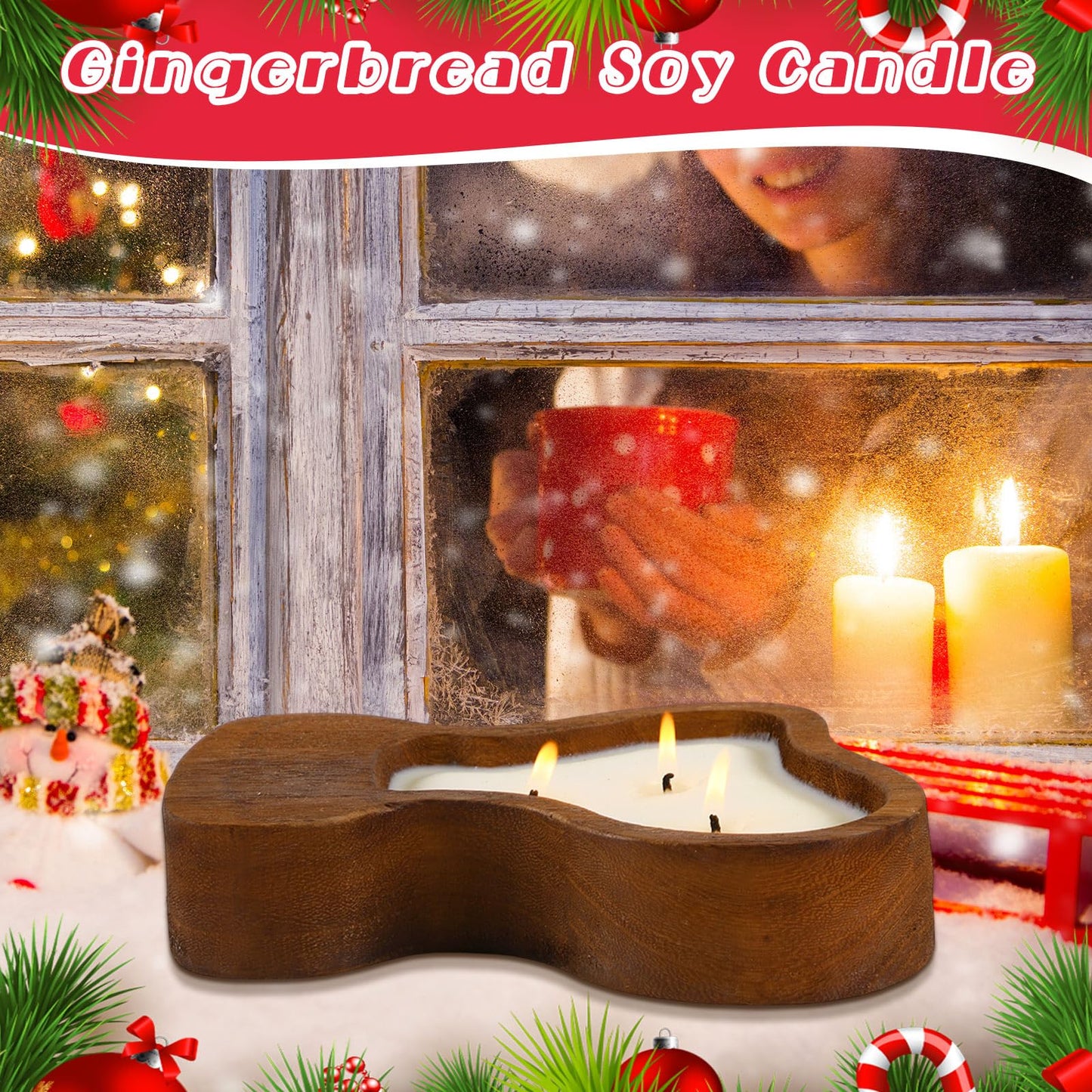 MTLEE Christmas Wooden Candle Bowl Wood Dough Bowl 3 Wick Rustic Xmas DIY Scented Candles Gifts Decoration with Berries Pine Label for Dining Farmhouse Table Centerpiece(Christmas Stockings)