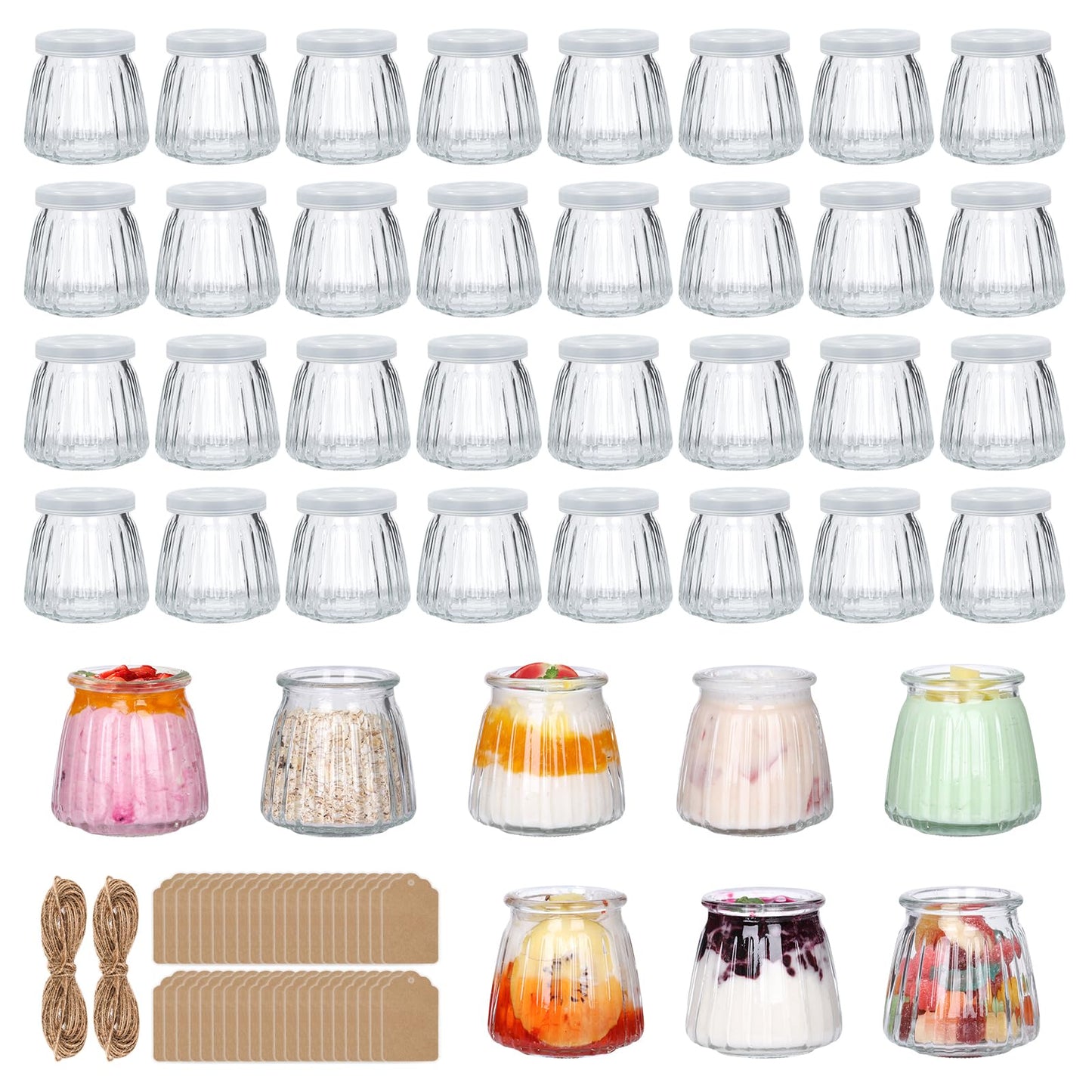 4oz Small Glass Jars 40Pack, Clear Glass Pudding Jars with PE Lids and Tags, Spice Jars/Glass Jelly Jars/Yogurt Jars/Small Jars with Lids (Set of 40)