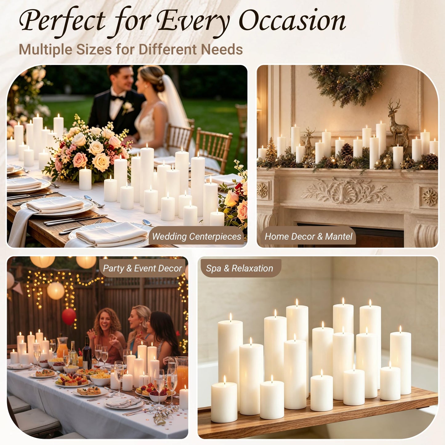 CCXTNQS Long Burning White Pillar Candles Bulk Set of 18, Unscented Low Drip Smokeless 2 in x 3, 6, 8 Inch Candle Set for Wedding Decor, Centerpieces, Mantel, Spa and Home Decor