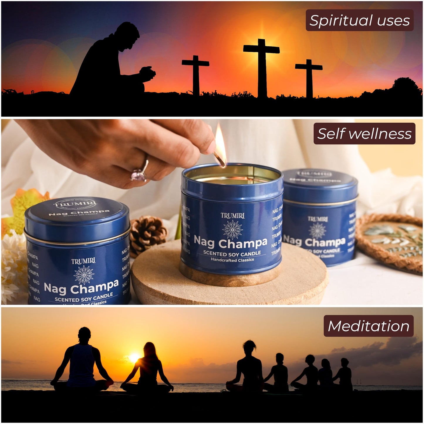 Nag Champa Candle for Home Scented - Pack of 3 x 5oz Natural Soy Clean Organic Non Toxic - for Aromatherapy Meditation Spiritual Gifts Bathroom Kitchen - Long Lasting Heavily Scented Velas Aromáticas