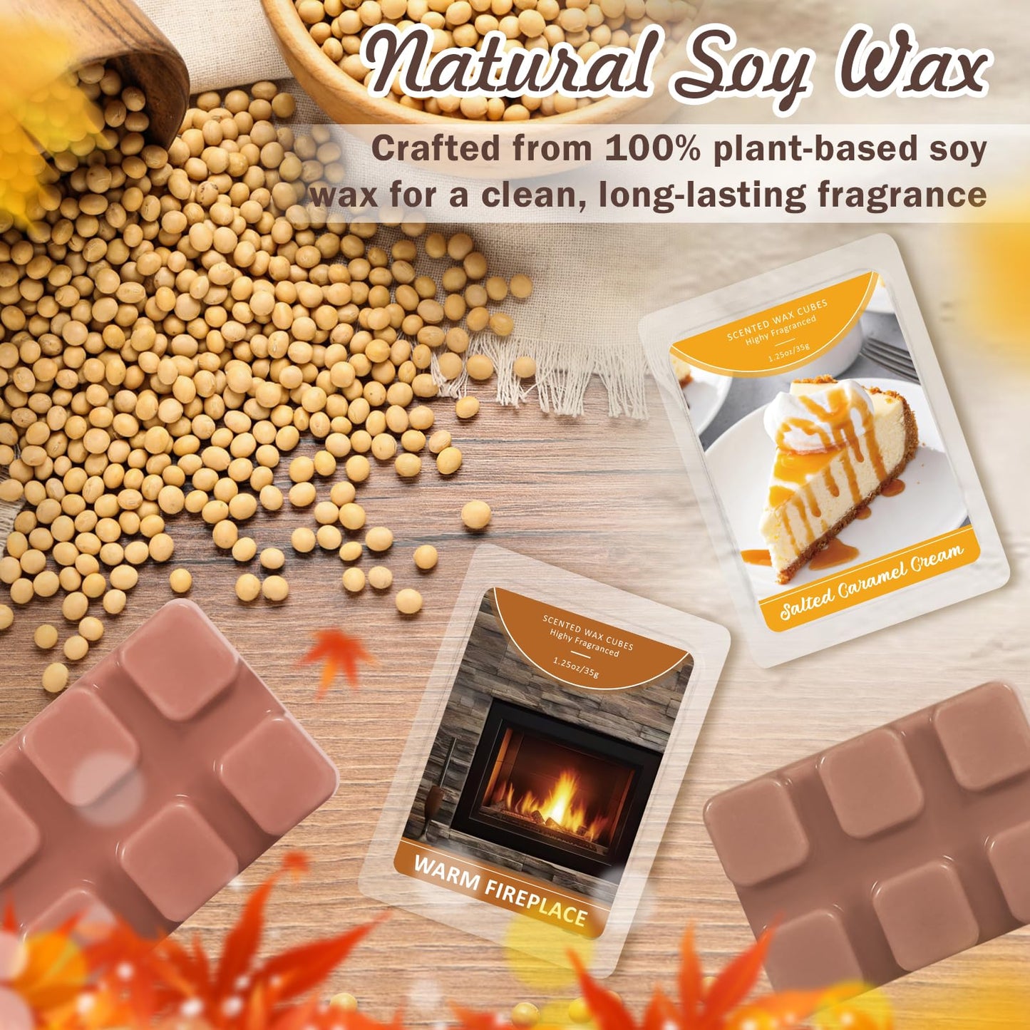 SCENTORINI Wax Melts, Wax Cubes Strong Scent, 4 Salted Caramel Cream & 4 Warm Fireplace Summer Scented Wax Melts, Soy Wax Melts for Warmer, Home Fragrances