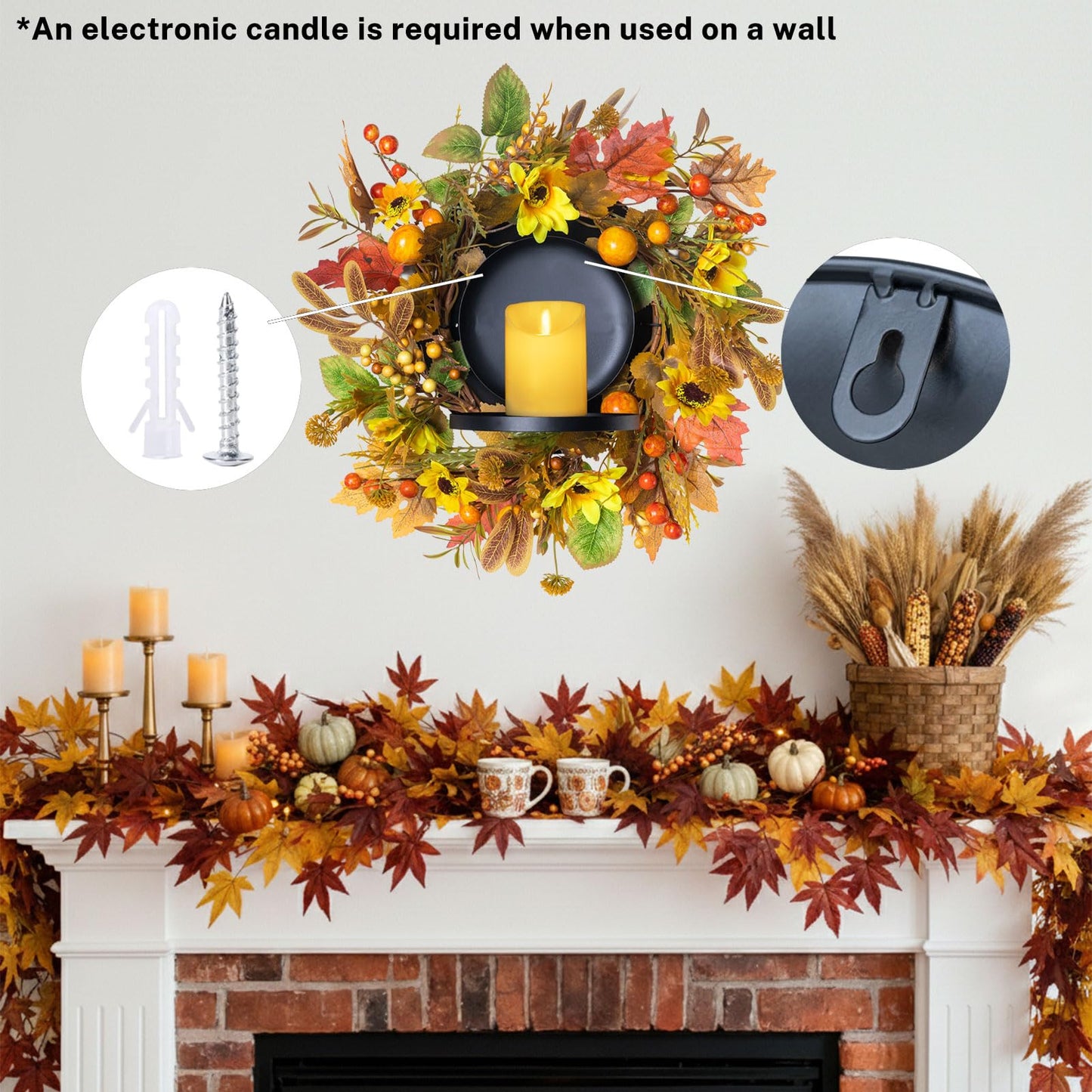 MOYEE Autumn Candle Holder Centerpieces for Tables,Candle Ring, Black Metal Candlestick with an Artificial Wreath 14 in Versatile Dining Table Centrepiece (Yellow Sunflower Wreath)