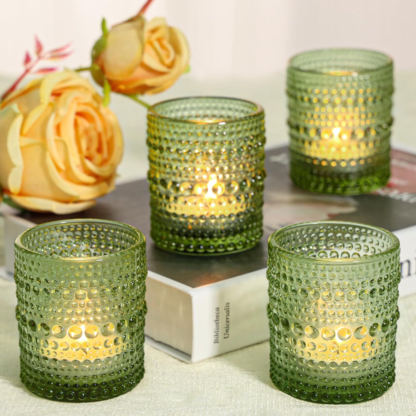 SUPMIND 24 Pcs Votive Candle Holders, Glass Holders Bulk for Table Centerpiece, Tea Lights Candle Holders for Wedding Shower, Party and Home Decor Green