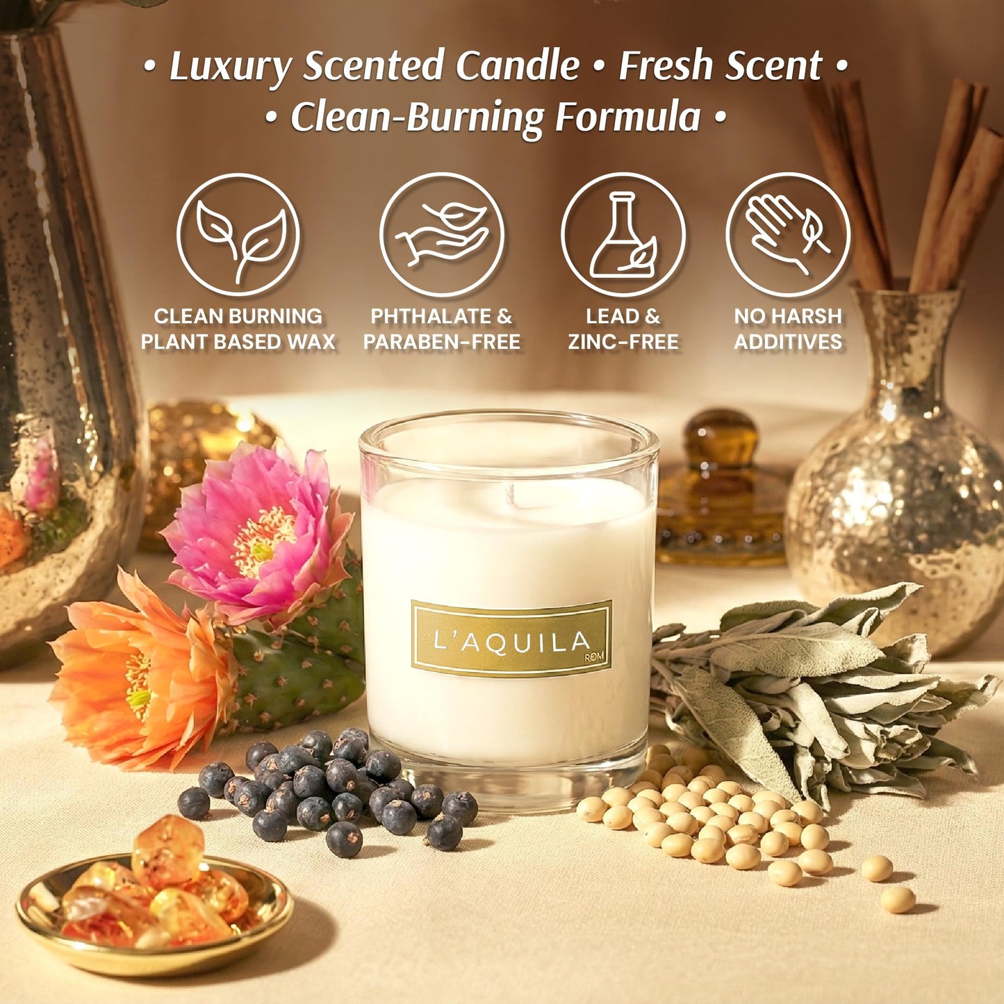 L’Aquila Luxury Scented Candle – Natural Plant Based Wax, 9oz – Bergamot, Fig, Cypress & Amber - Long Lasting 60 Hour Burn – Non-Toxic, Hand-Poured in USA for Home