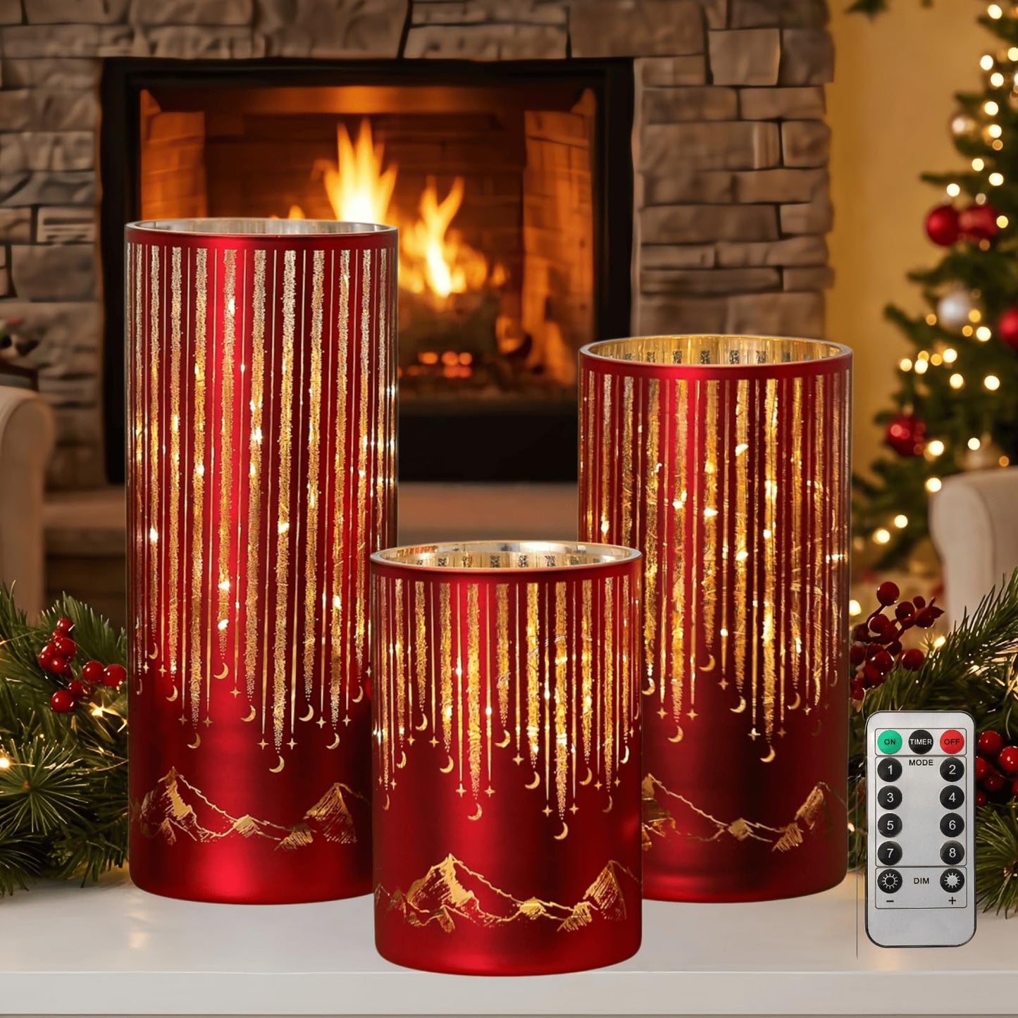 Ashroder Starry Night Elegant Hurricane Candleholders with LED Flickering Lights & Remote Timer, Decorative Glass Hurricanes for Indoor Table Centerpieces & Year-Round Home Decor, Set of 3 (Red)