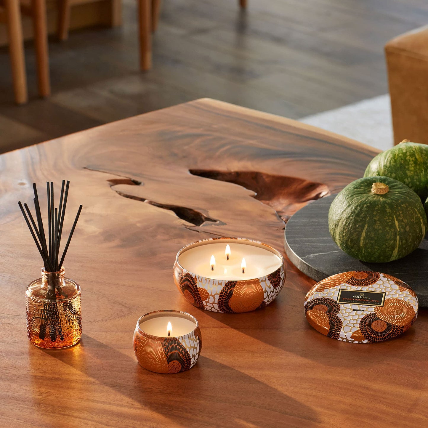 Voluspa Spiced Pumpkin Latte Candle | Mini Tin | 4 Oz. | Fall Candle | Clean Burning Coconut Wax and Natural Wicks