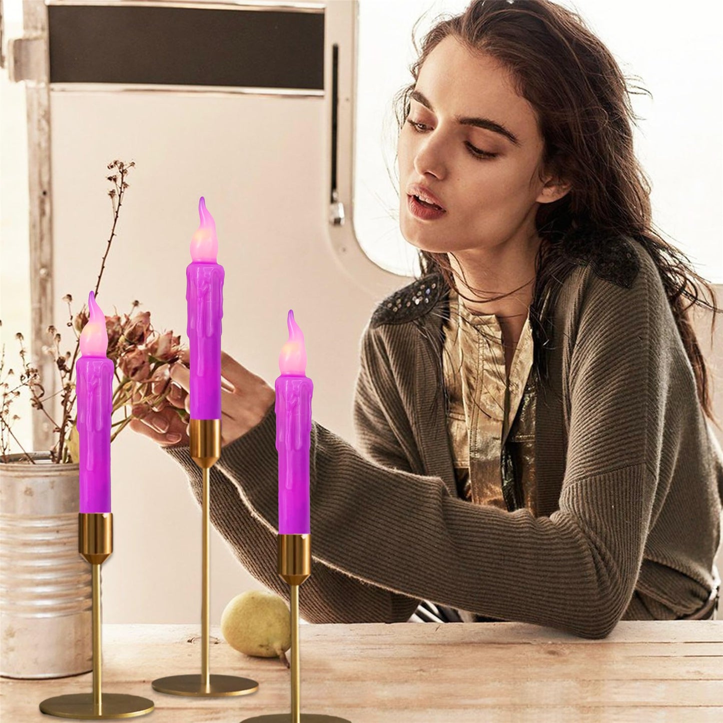 Gedengni Magical Candlesticks Flameless Taper Candle, 4pcs Real Wax LED Tapered Candles Remote Dipped Candle 6inches Battery Chandelier for Enchanting Weddings Harry Potter Inspired Vigils (Purple)