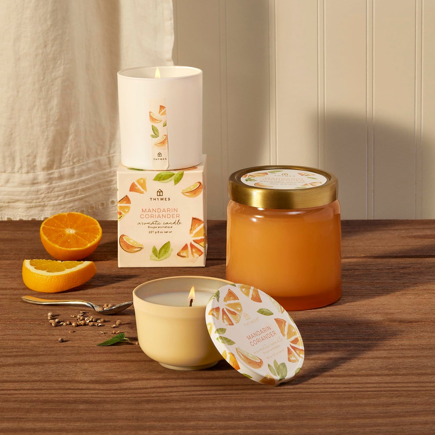 Thymes Scented Candles for Women & Men – Tin with Lid – Luxury Home Decor – Citrus Candle with Notes of Mandarin Oil, Coriander, Grapefruit, Lemon Balm & Green Ivy (Mandarin Coriander, 6.5 oz)