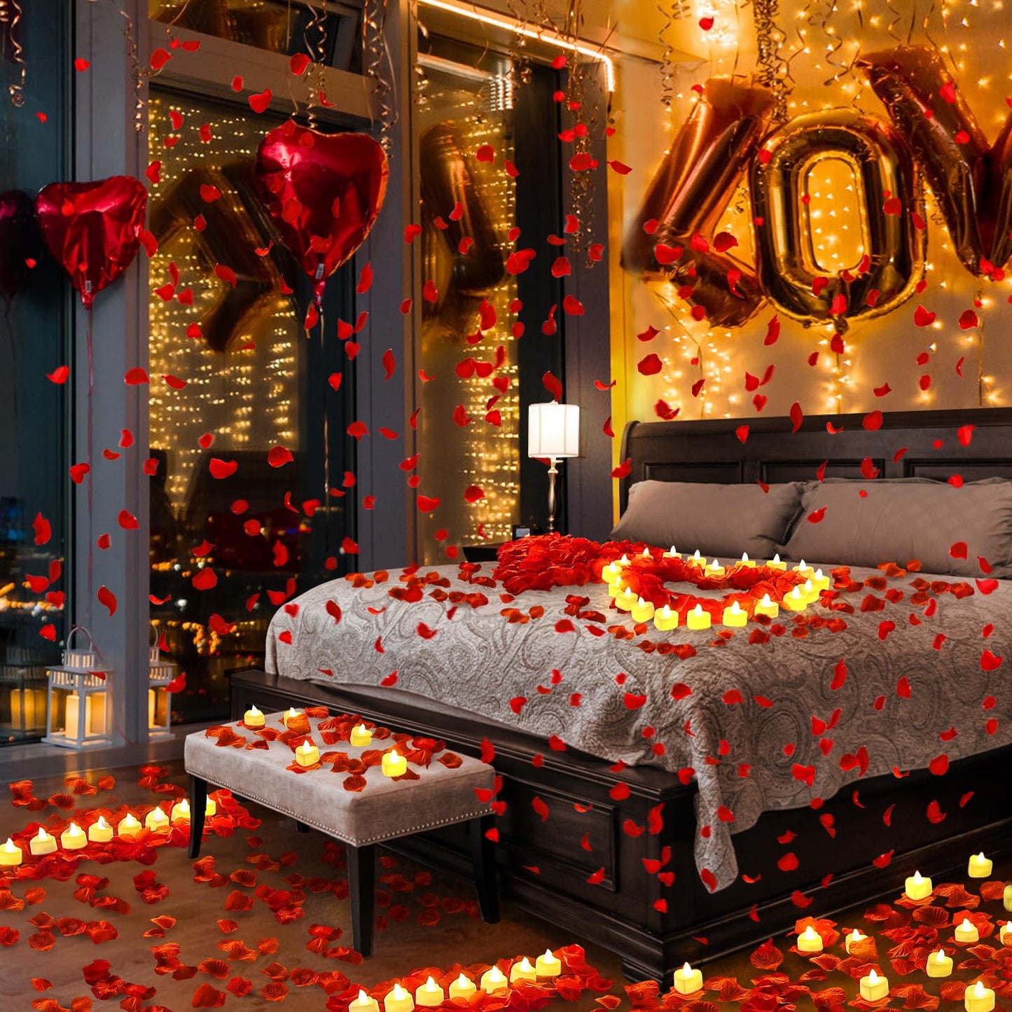3000Pcs Red Rose Petals with 36Pcs LED Tea Lights Candles, Romantic Gifts for Her, Special Night, Date Night Ideas, Wedding, Anniversary, Proposal