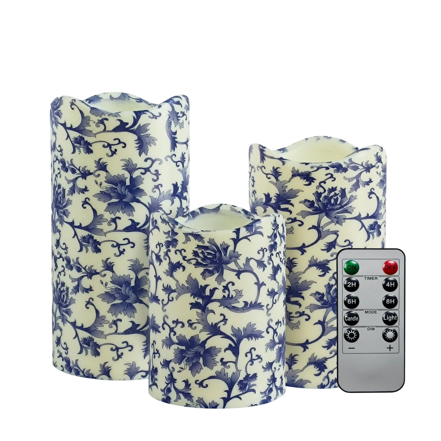 NjaoHoo Flameless Candles 4" 5" 6" Set of 3 Indoor Outdoor Pillars Battery Operated Flickering Candles Include 10-Key Remote Timer Function 500+ Hours (Blue and White Printed)