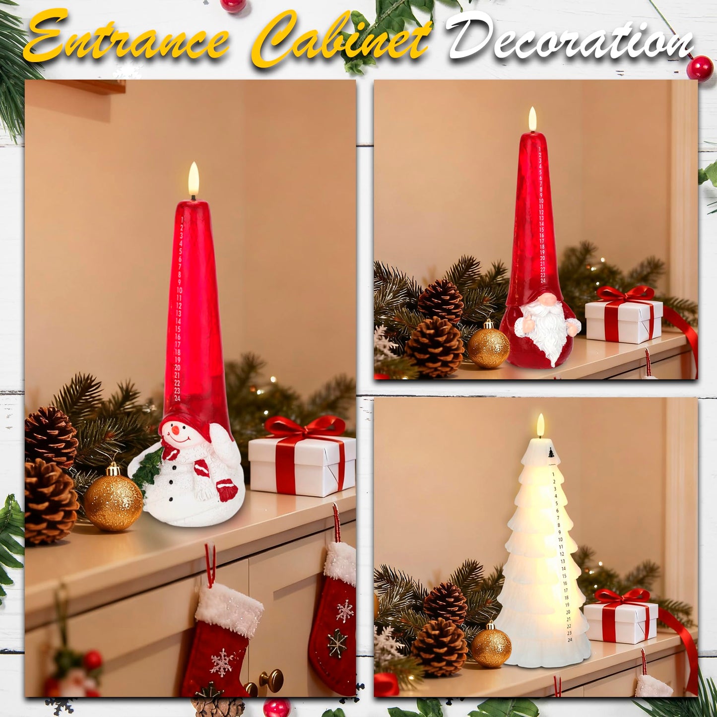 Flameless Christmas Countdown Candles with Remote, 3D Flickering Flame Snowman Battery Operated LED Advent Calendar Candle, 24-Day Automatic Countdown Electronic Candle, Christmas Decoration for Home