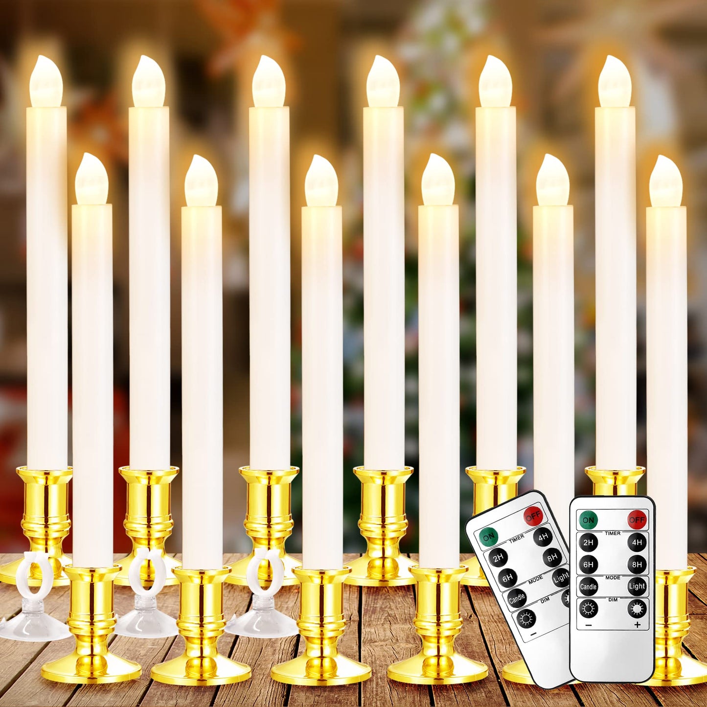 YAUNGEL Christmas Window Candles, 12 Pack Battery Operated Flameless Taper Candles for Windows with Timer Remote, Electric Candle Lights with Candle Holders Suction Cups for Christmas