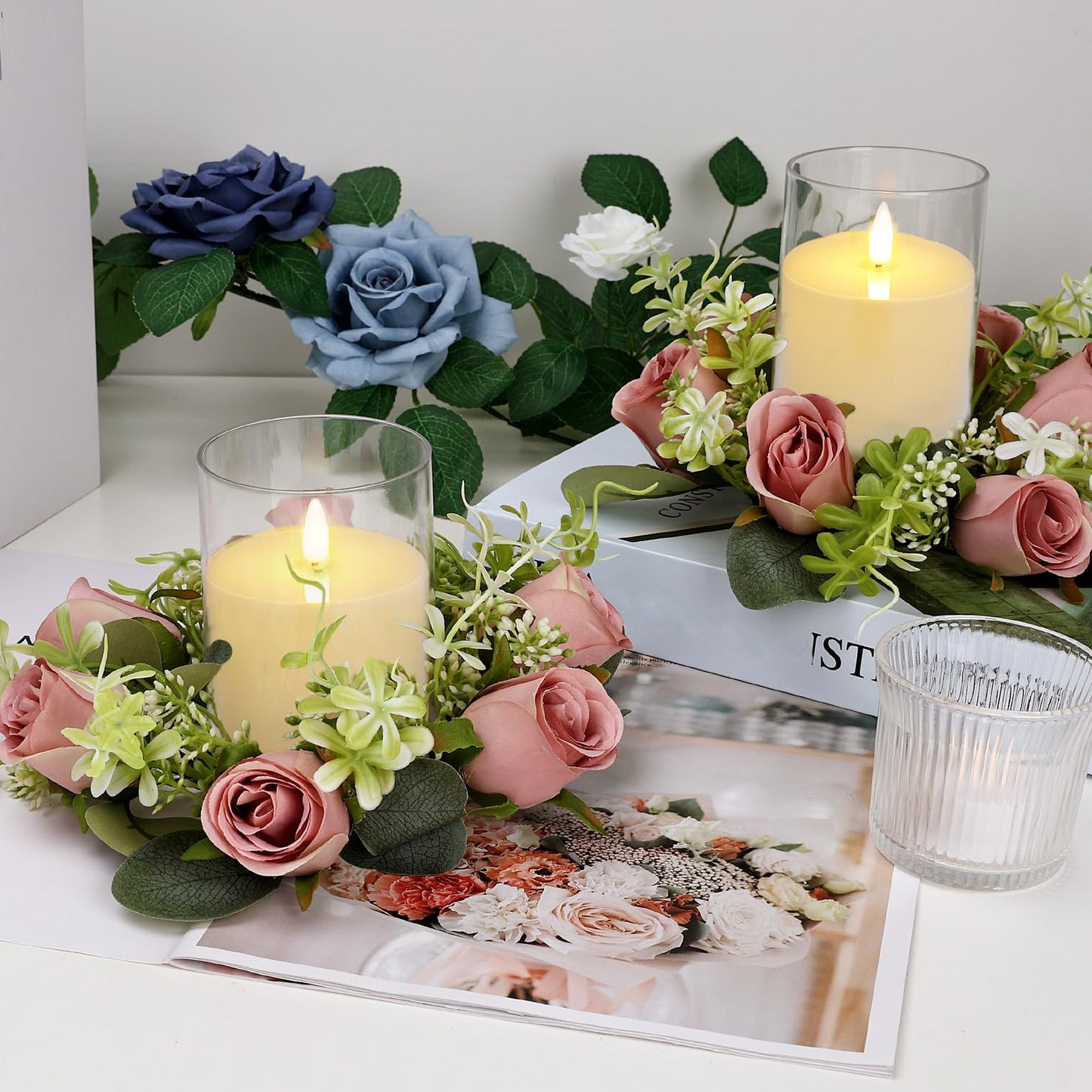 Tobilu 12 PCS Roses Candle Rings Wreaths - 3 Inch Artificial Floral Rings with LED Flameless Candles Eucalyptus Leaves for Spring Banquet Table Centerpieces Home Wedding Party, Dusty Pink