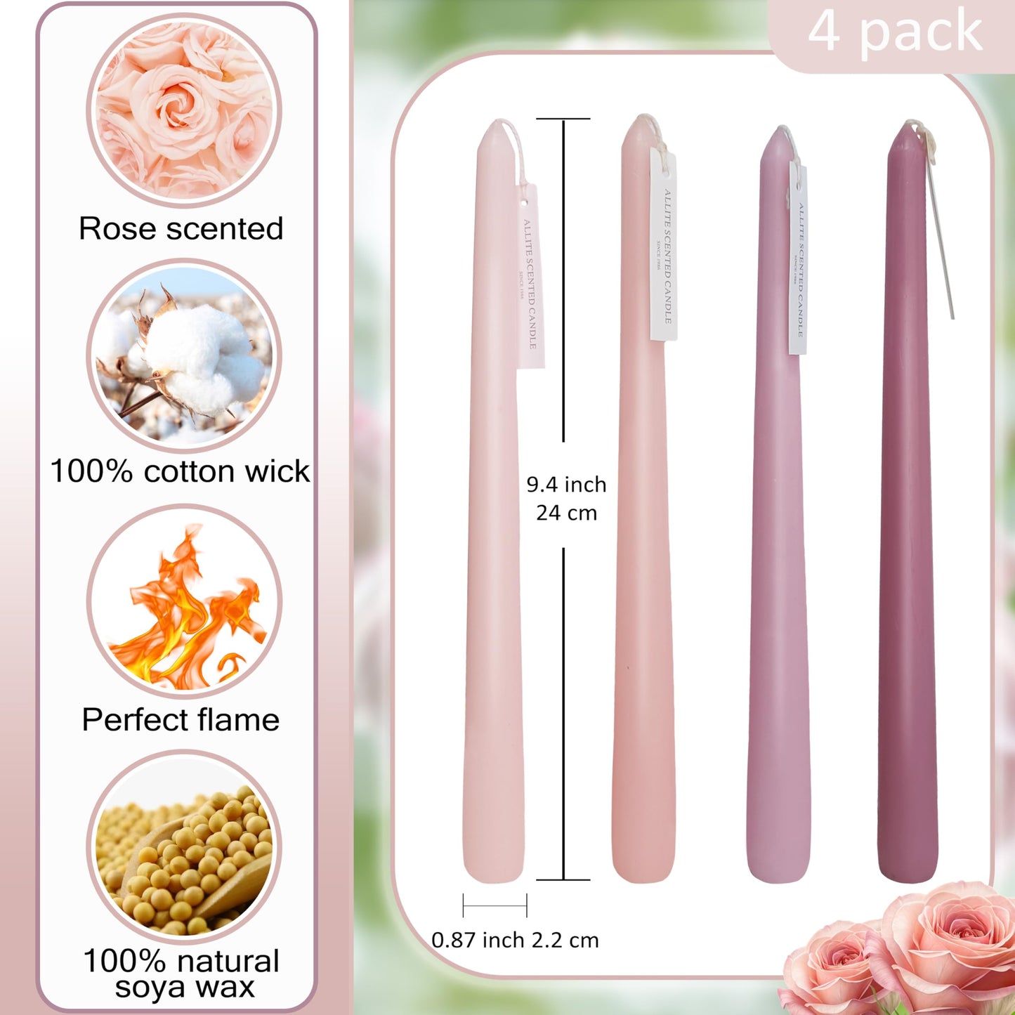 4 PCS Pink Taper Candles Rose Scented Long Pink Gradient Taper Candles Smokeless Candlesticks for Holiday Valentine's Decor Wedding Festival and Special Occasions,10 INCH