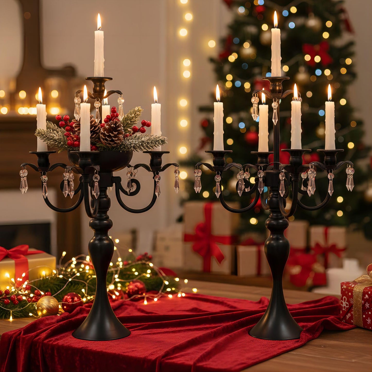 5 Arm Black Candelabra Centerpiece for Table, 20.3” Tall Metal Candlestick Candle Holder for Taper Candles, Gothic centerpieces for Tables, Wedding, Party, Reception (Black, 2pcs)