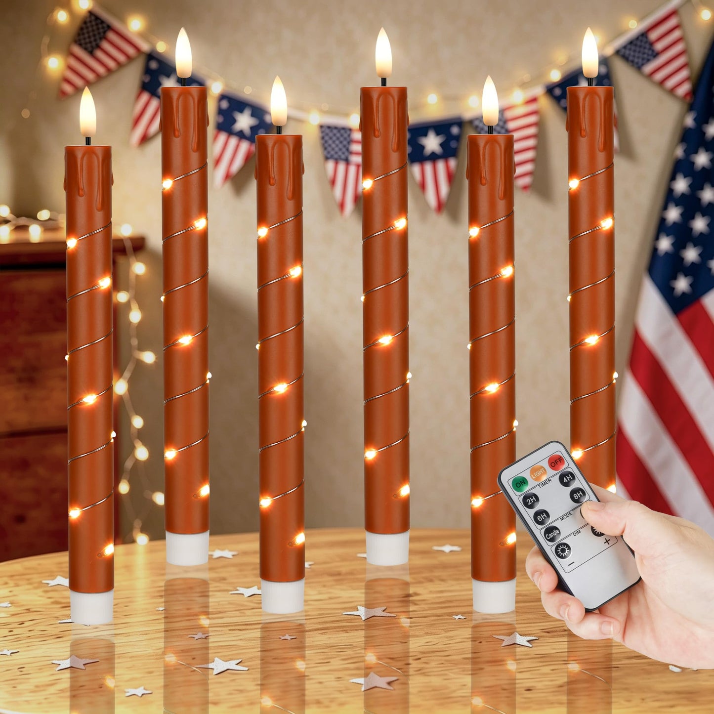 Patriotic Flameless Taper Candles with Remote for 250th Anniversary Decorations，3D Flickering Flame LED Candles Arounded with Starlight String for 4th of July Decoration, Pack of 6, Reddish Brown