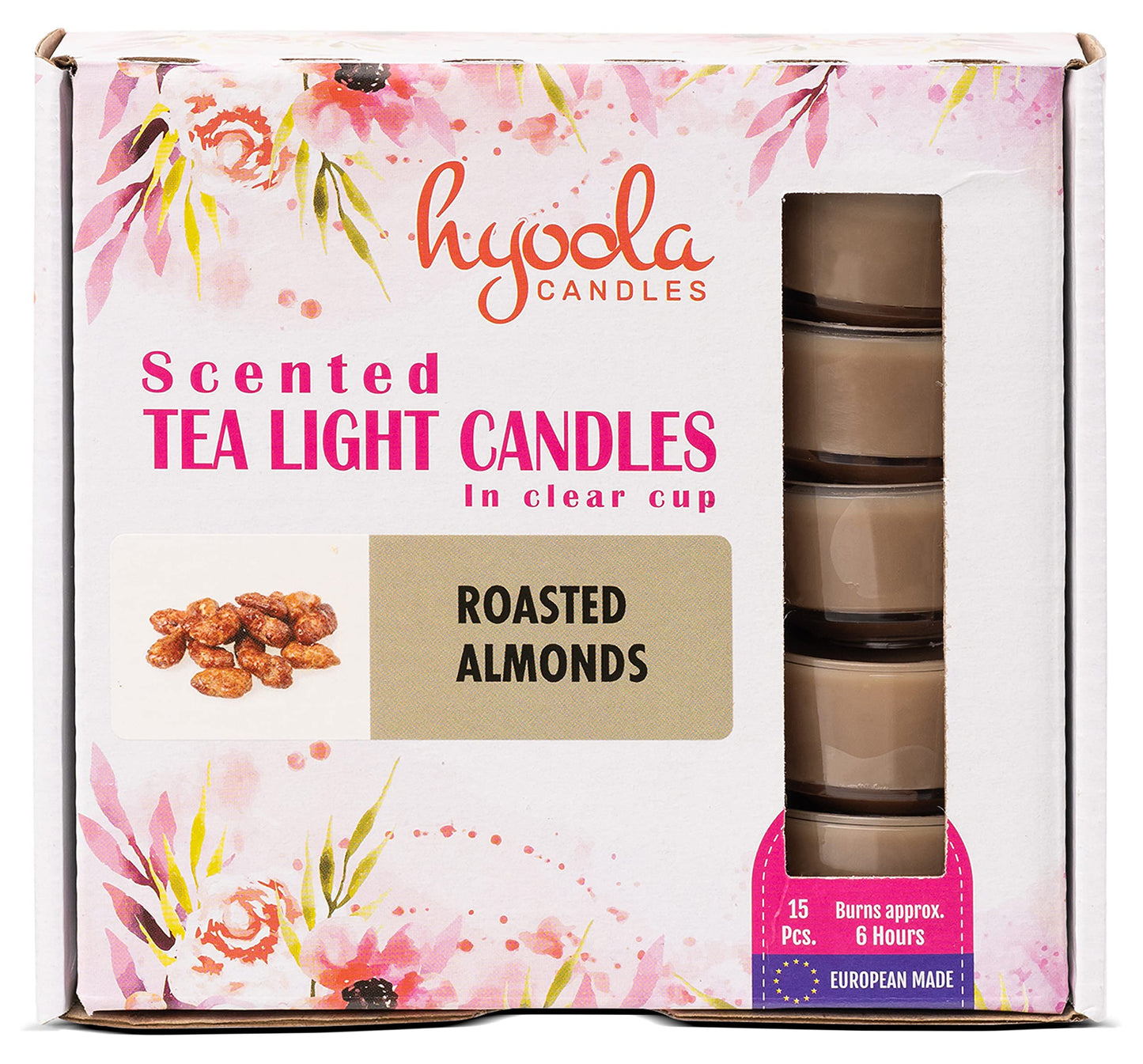 HYOOLA Scented Tealight Candles - Clear Cup - Roasted Almonds Tealight Candles Scented - 6 Hour Burn Time - 15 Pack - European Made