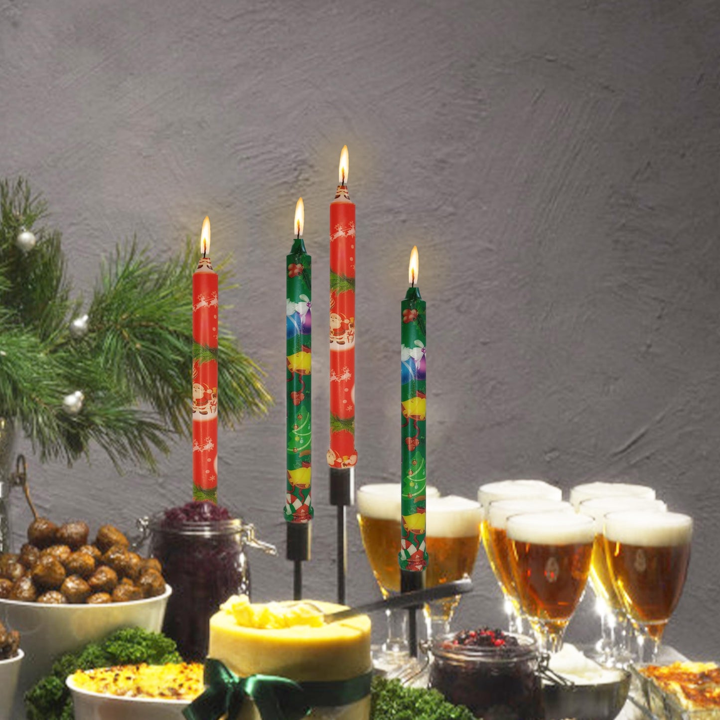 Taper Candles Christmas Printed Candlestick 4 PCS 10 inch Long Taper Candle Unscented Candlesticks Handmade Tapered Candles for Christmas Dinner Household Wedding Party Housewarming Home Décor Candles