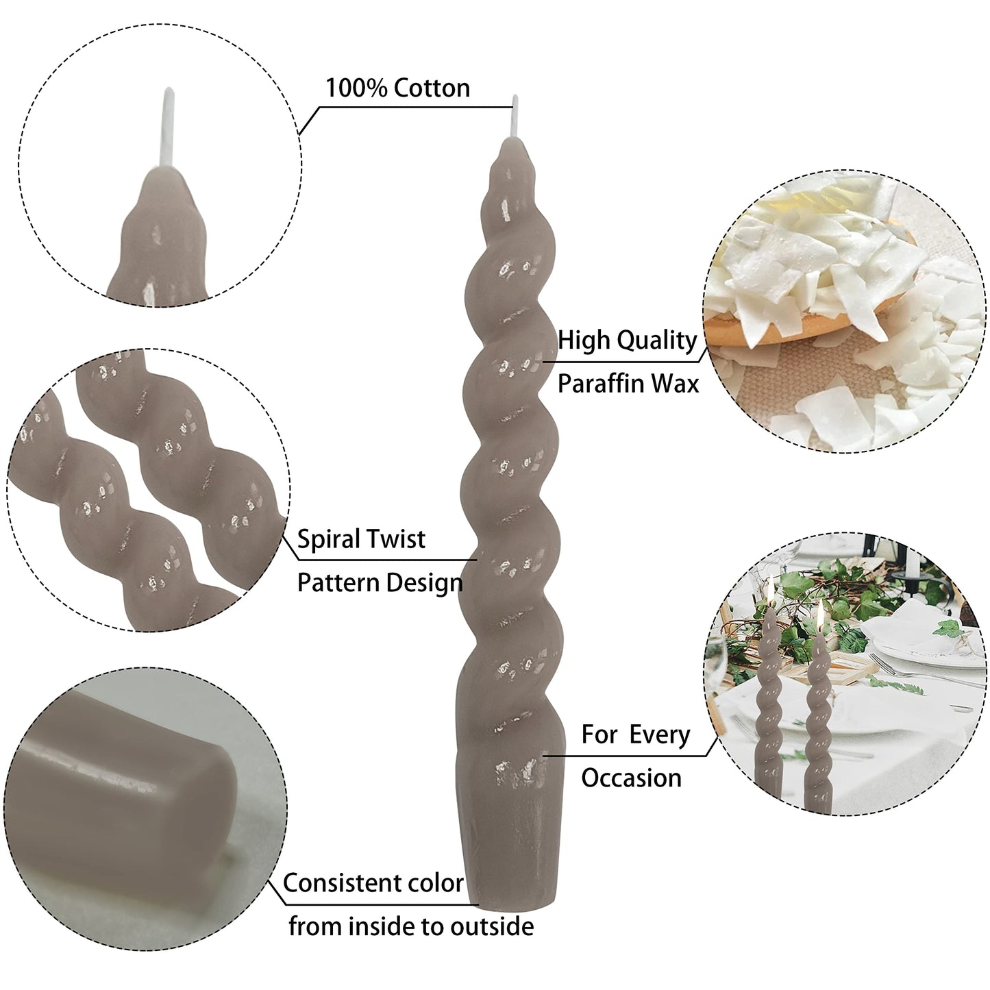 Brown Spiral Taper Candles Twisted Candles H 7.5inch Candles Stick Unscented Dinner Candle Dripless for Home Decor, Relaxation & All Occasions(Brown)