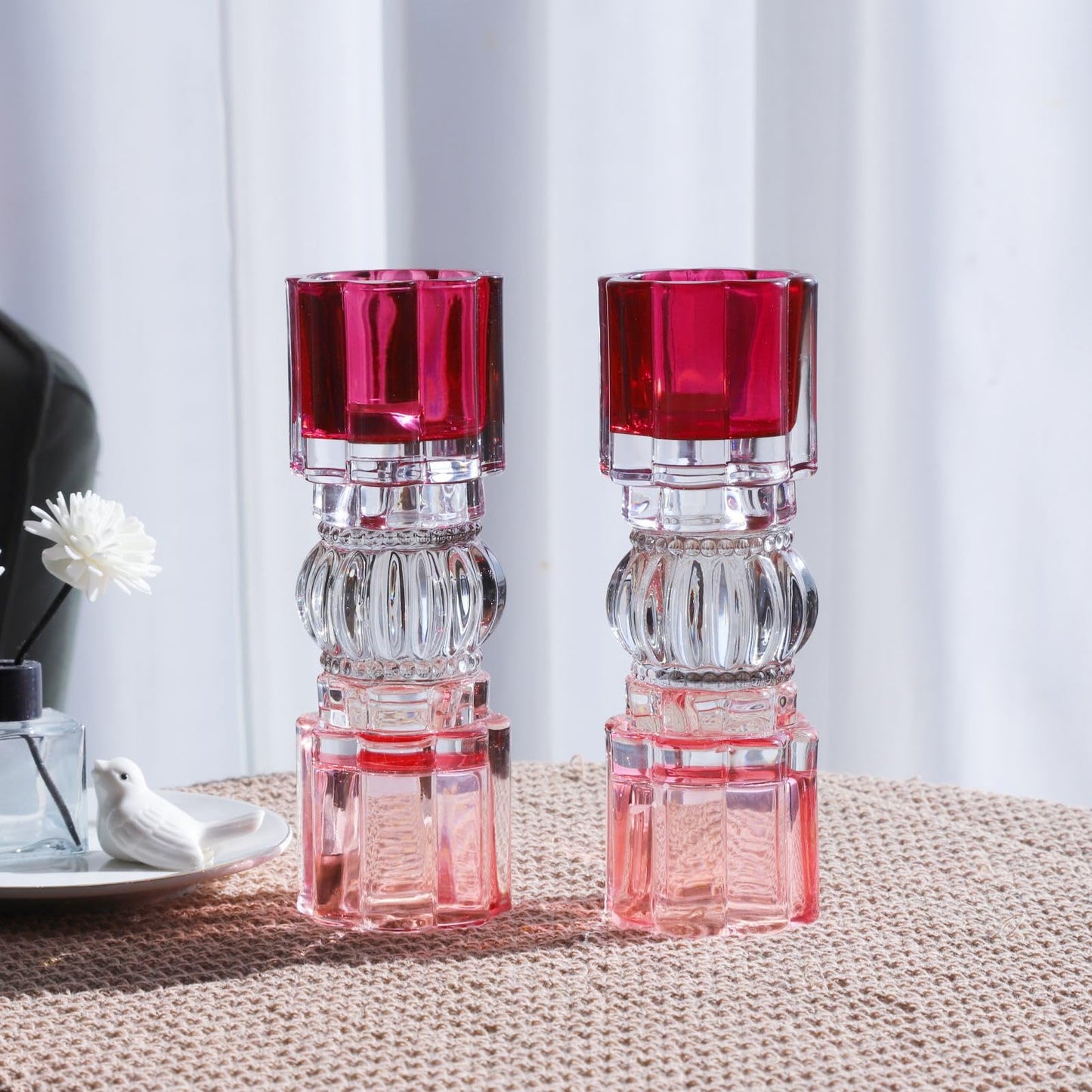 VOHO Pink Candle Holder for Valentines Day Decorations, Set of 2 Heavy Glass Votive Candle Holders Decor for Room Table, Romantic Tealight Candle Holder Gifts for Her(7.87x2.75 in W/H, Shades of Pink)