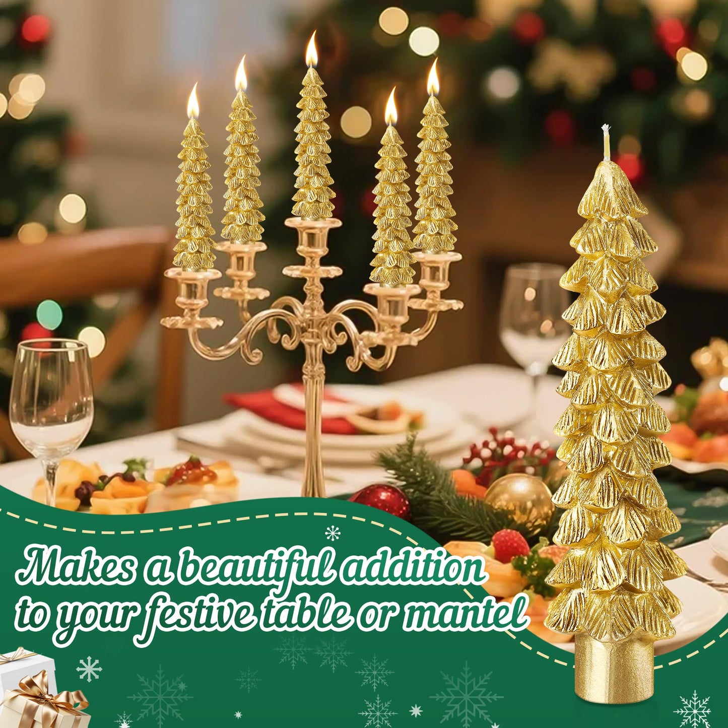 Ceoighe 2 Pack Christmas Tree Candles, 5 Inch Unscented Tree Shaped Taper Beeswax Candles for Christmas Holiday Decor Table Centerpiece Display Party Banquet Gift (Gold)