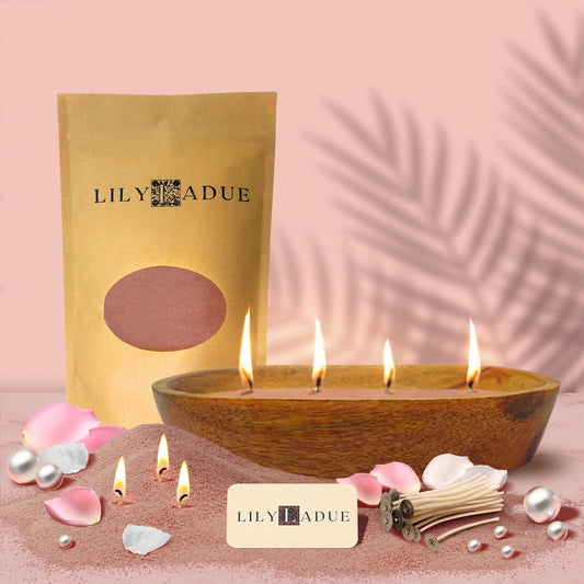 LILY LADUE 1LB Rose Scented Pearled Candle Sand Kit - Decorative Refillable Sand Candle Kit with 24 Wicks and Wooden Holder, Pink Wax Beads, Powder Wax Pearls to Make Your Own Home Decor, Gift Set