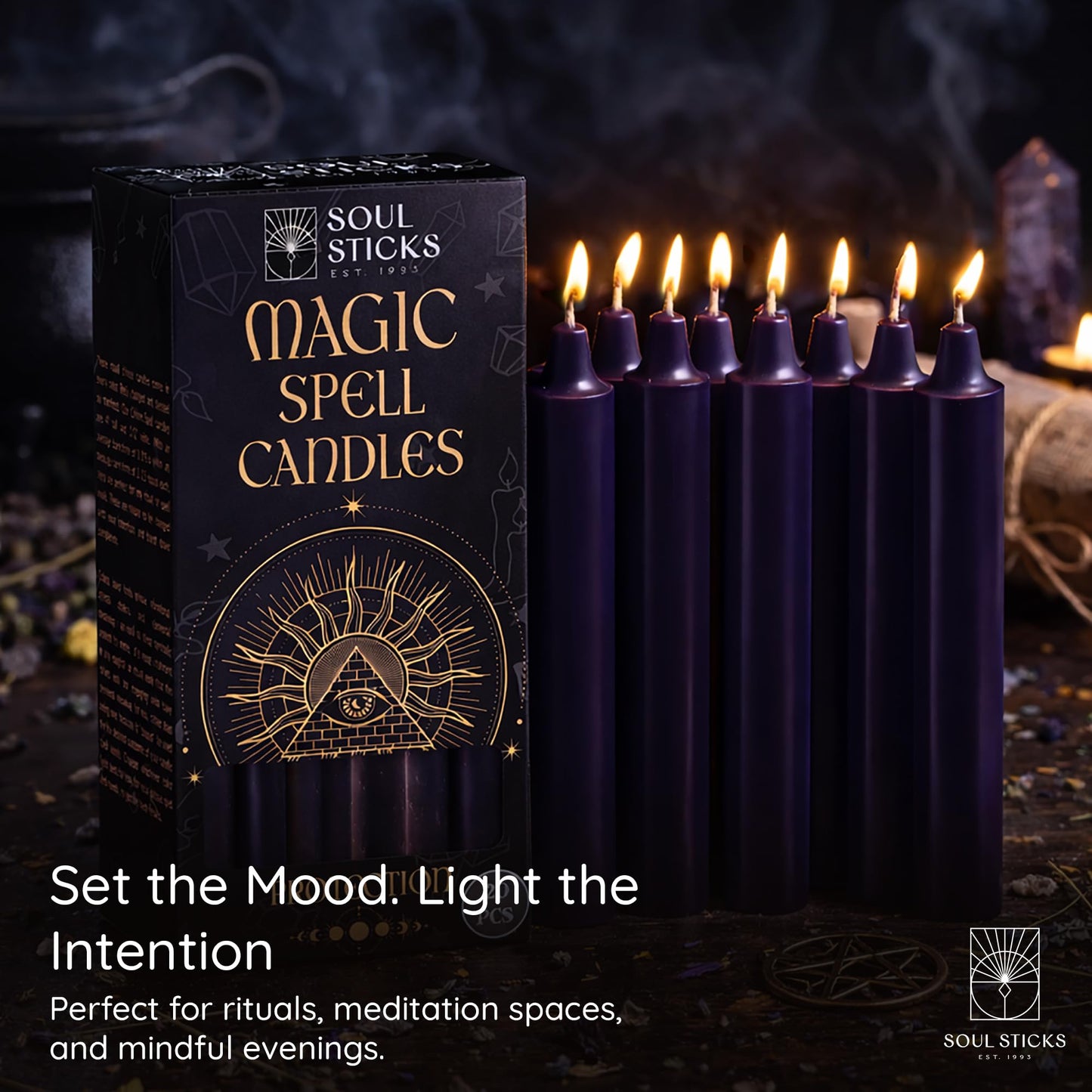 SOUL STICKS Protection Magic Spell Chime Taper Candles Deep Purple 20 Pack - Colored Unscented Chime Candles for Altar, Rituals, Ceremonies, Meditation Witchcraft Supplies, Wiccan, Candles Clearance