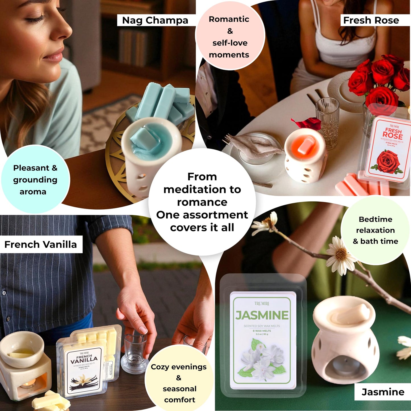 Scented Wax Melts Variety Pack of 4x8ea - Nag Champa|Fresh Rose|French Vanilla|Jasmine - Made with Non Toxic Soy Wax and Essential Oils- Long Lasting Strong Scent Pet Safe Candle Wax Cubes for Warmers