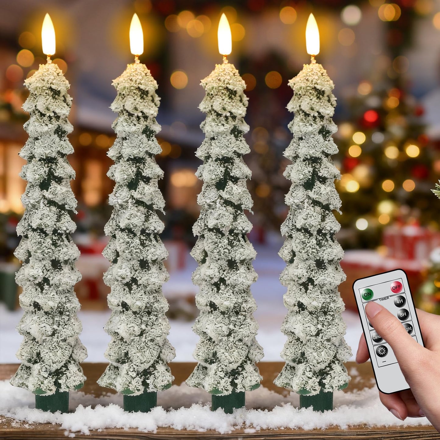 DRomance Christmas Tree Flameless Taper Candles with Remote Timer Battery Operated Flickering LED Candlesticks Real Wax Snowflake Glitters Holiday Indoor Decor(4 Pack, 0.78" D x 9.8" H)