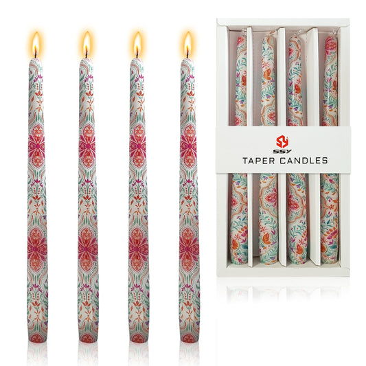 Candlesticks 10 in Vintage Floral Taper Candles Hand Printing Flowers Candlesticks Tall Printed Tapered Candle Sticks for Home Garden Decor Simple Modern, 4 Pack