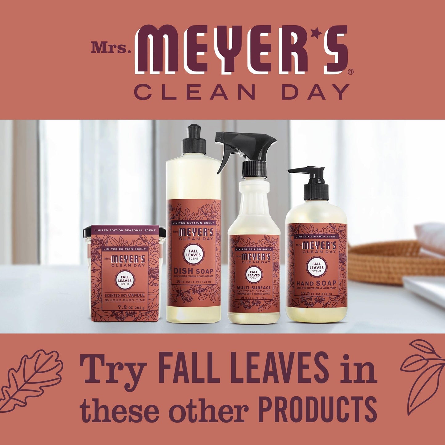 MRS. MEYER'S CLEAN DAY Scented Soy Candle, Large, Fall Leaves Scent, 7.2 oz