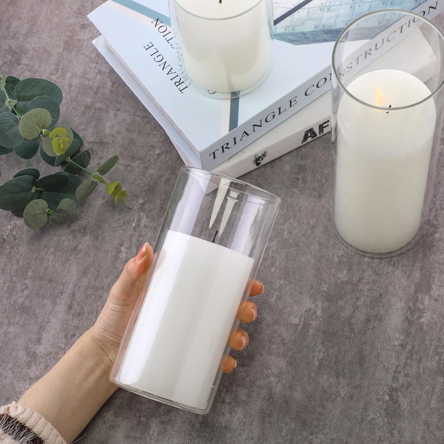 Shihanee Set of 3 Pillar Candles and 3 Glass Cylinder Candle Vases Holders Clear Pillar Jars for Wedding Centerpieces(3'' x 5.9'', 7.9'', 9.8'',White)