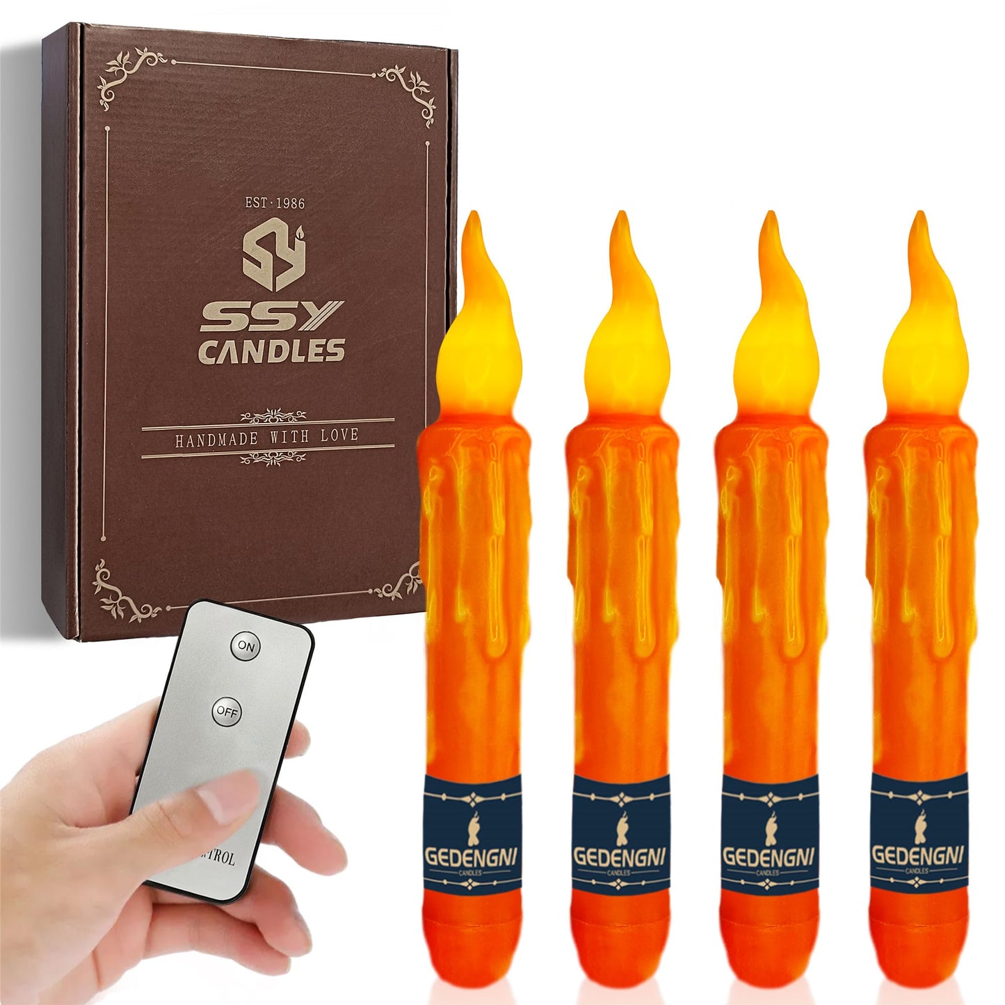 Gedengni 4pcs Orange Real Wax LED Tapered Candles, Battery Operated, Remote Controlled, 6inches, Perfect for Weddings, Decorations, Emergency Use