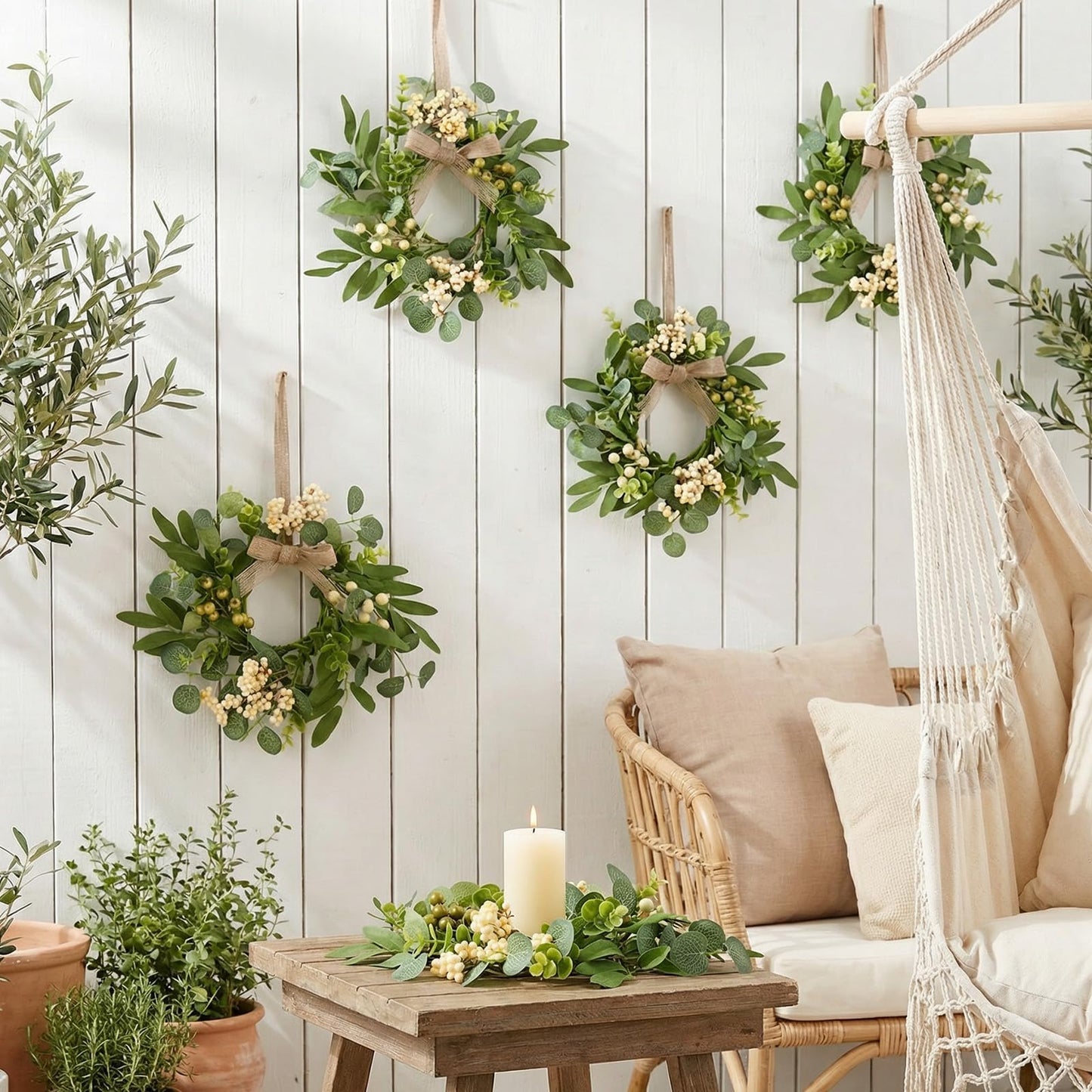 4 Pcs Green Eucalyptus Swag Wreaths for Pillars Spring Summer Kitchen Cabinet Wreaths Mini Green Berry Leaves Wreath with Ribbon for Front Door Porch Wall Window Farmhouse Decoration