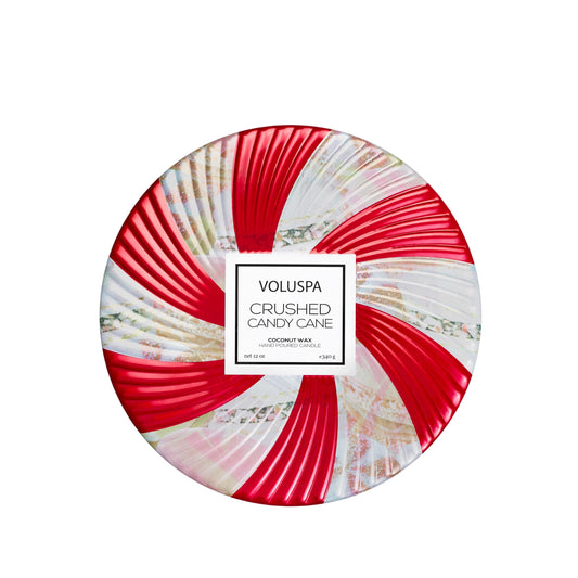 Voluspa Crushed Candy Cane, 3 Wick Tin Candle, 12 oz, 40 Hour Burn Time, Coconut Wax for Clean Burning, Handcrafted in the USA