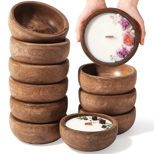 Widecook 10 Pcs Wooden Dough Bowl for Candle 6" x 2" Paulownia Wood Round Candle Bowl Hand Carved Decorative Serving Tray Rustic Home Decoration for Kitchen Wedding DIY Crafts Farmhouse(Dark Color)
