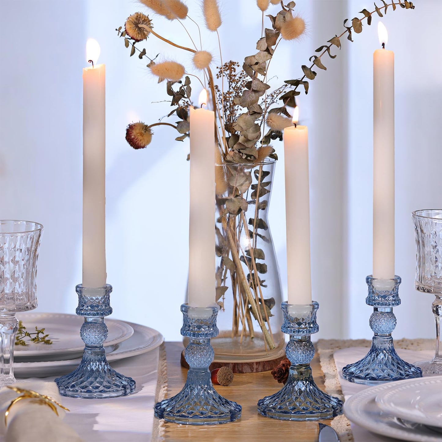 DARJEN 12Pcs 4" H Aqua Blue Candlestick Holders Set- Taper Candle Holders Bulk, Glass Candle Holders for Wedding, Party, Romantic Dinner Table Centerpieces, Festival Gifts & Windowsill Decor