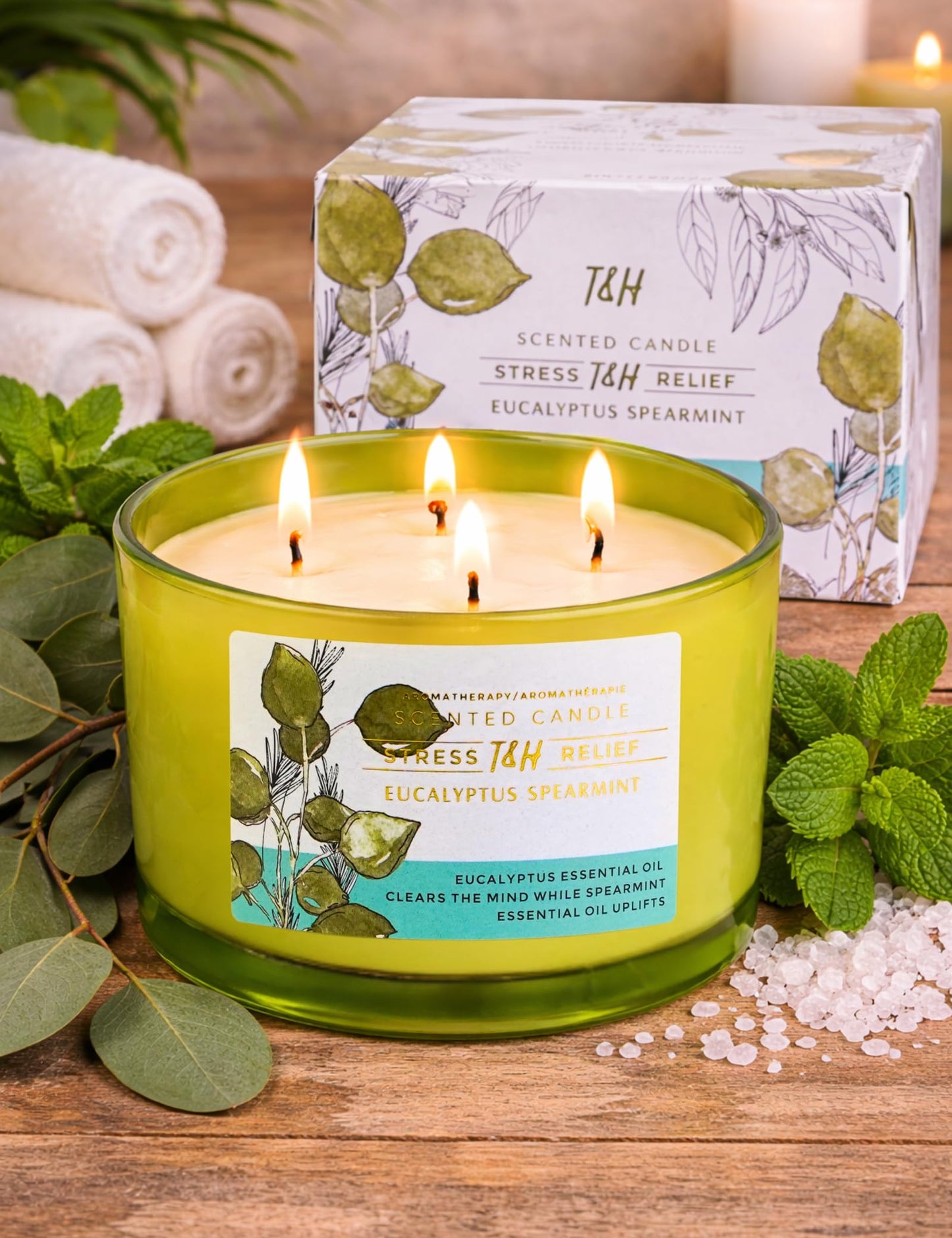 Eucalyptus Spearmint Candle | 4 Wick Extra Large Scented Soy Candle 20 oz | Highly Scented Aromatherapy Stress Relief Spa Candles | Fresh Eucalyptus Mint Home Scent | Long Lasting Clean Burn