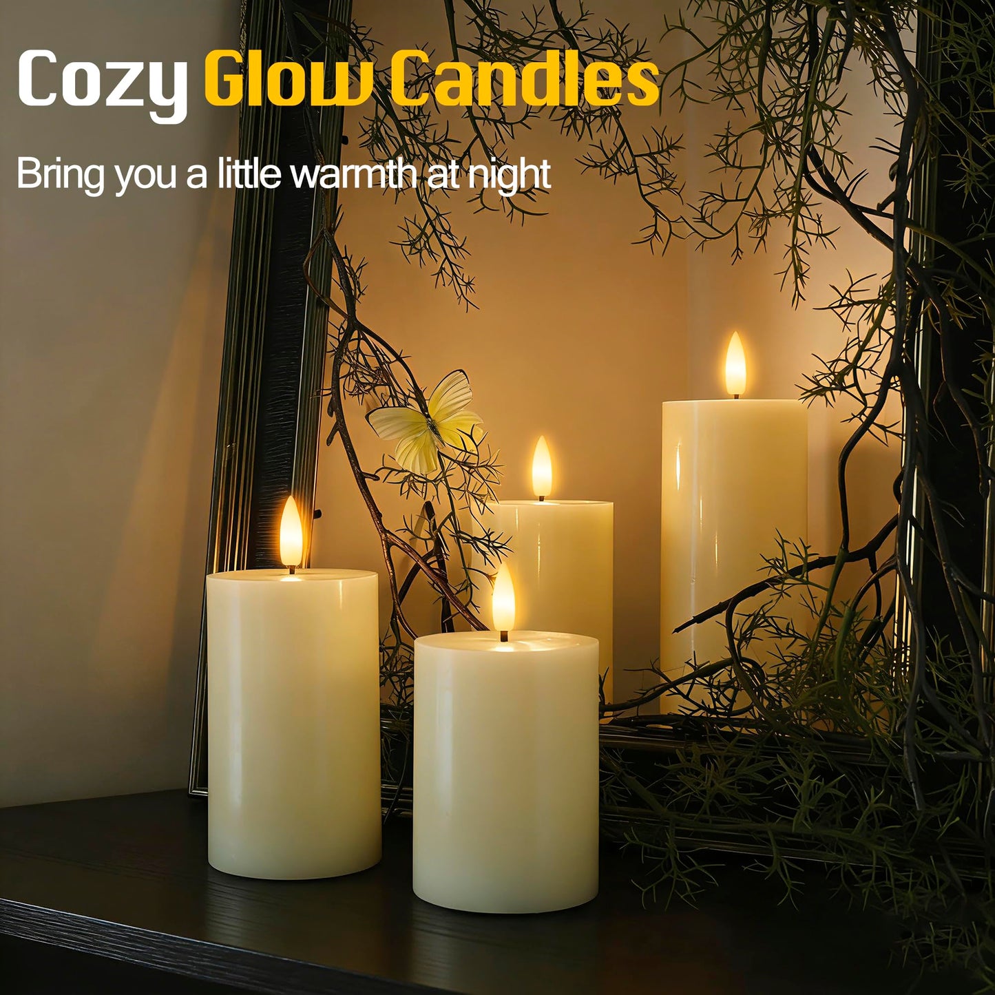 JOIONE Flameless Pillar Candles with Remote Set of 4, Real Wax LED Battery Operated Candles, Safe Home Décor for Living Room, Bedroom, and Dining Table, Ivory