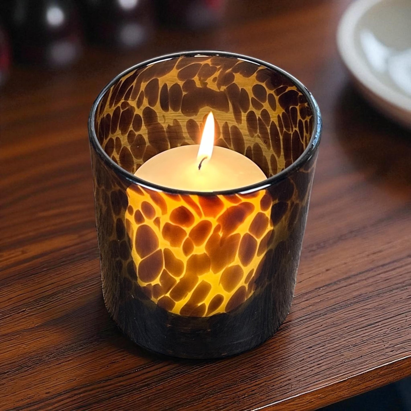 Hapton House Tortoise Shell Glass Candle Holder - Votive and Small Pillar Candle Holder - Leopard Print - Cheetah Print - Animal Print - Tortoiseshell - Candle Jar - Wedding - Holiday Decor - Large