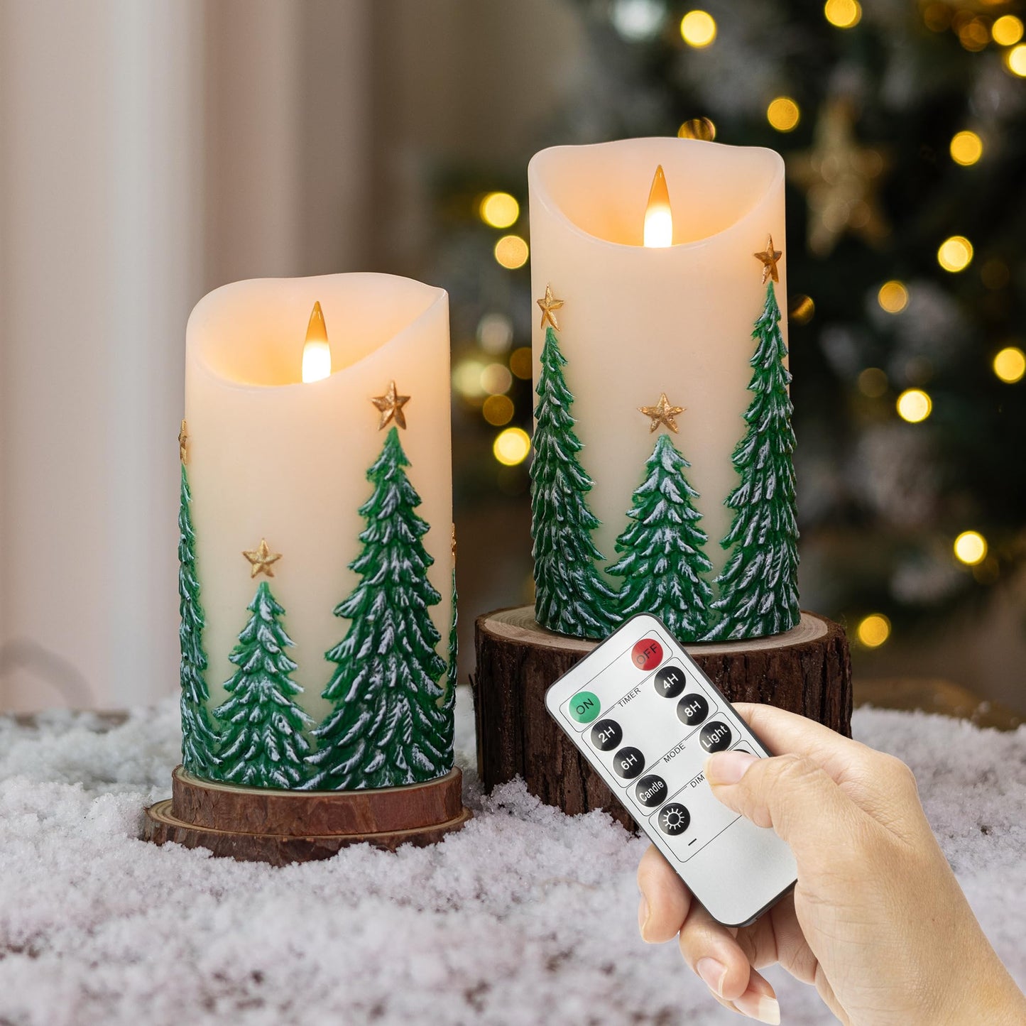 SEHNSY Christmas Tree Flameless Candles with Remote and Timer, Real Wax LED Pillar Candle with Flickering Flame, Embossed Design, Battery Operated Candles Xams Holiday Home Décor