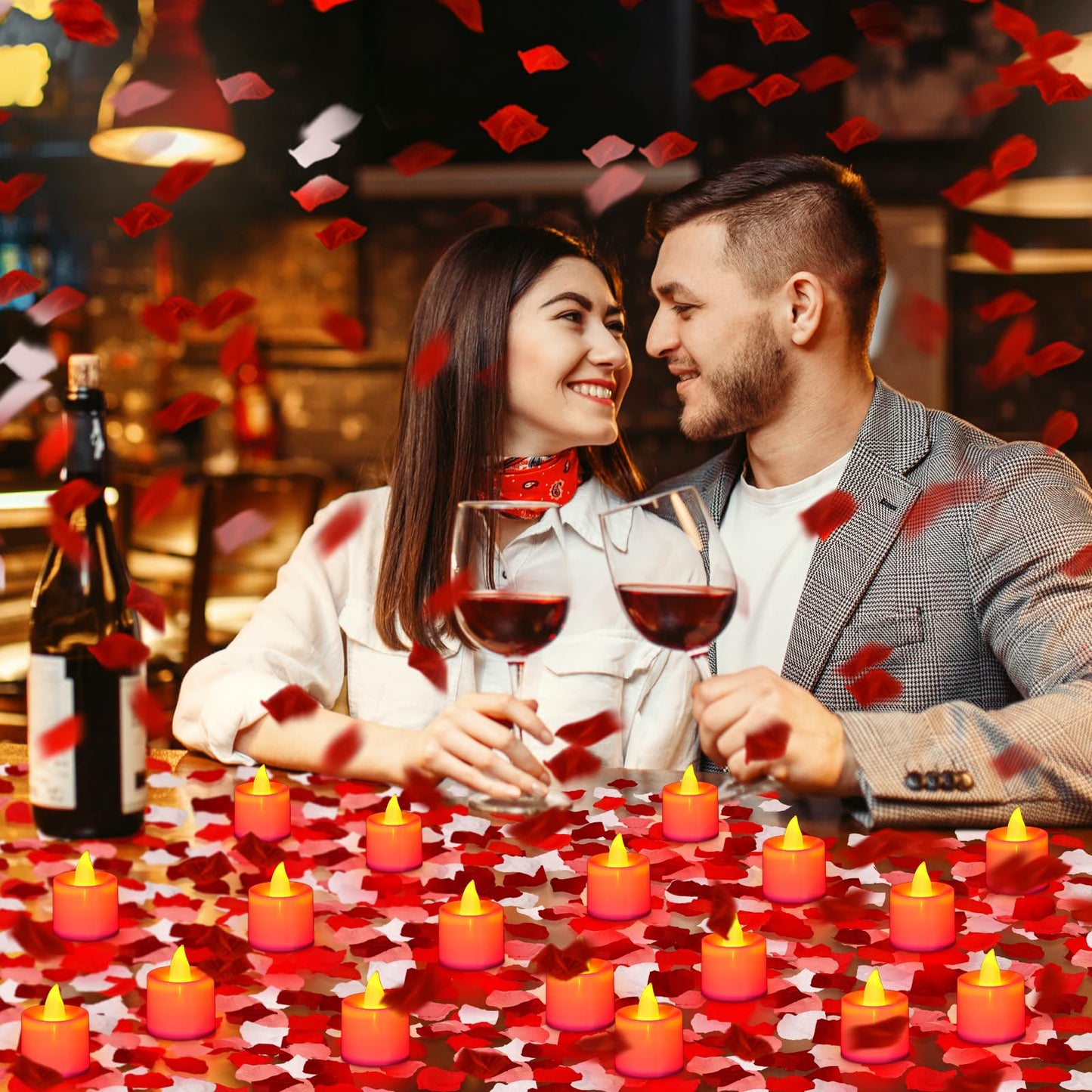 Coume 6000 Pcs Artificial Rose Petals with 72 Pcs Flameless LED Candles Romantic Decorations Fake Candles Anniversary Decorations for Valentine's Day Wedding Night(Red with Red Series Petal)