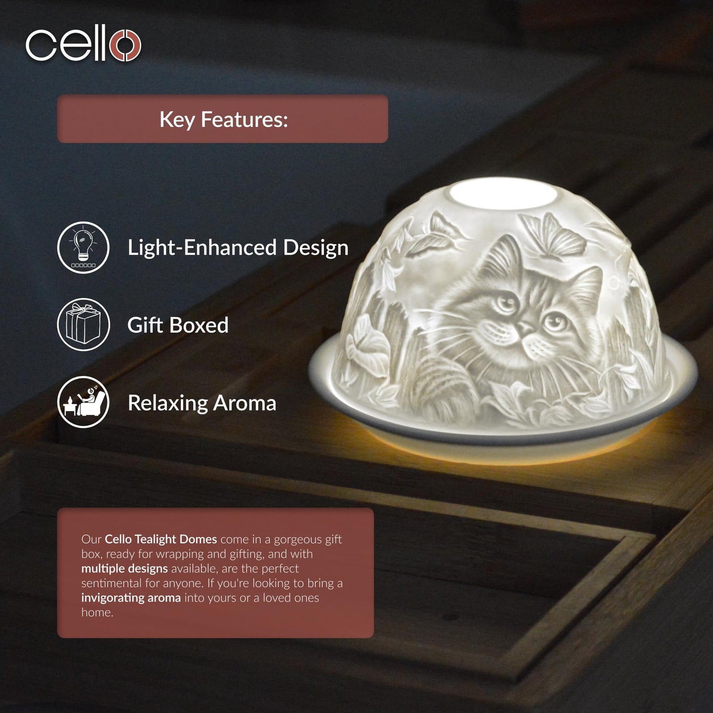 Cello Porcelain Tealight Holder Dome - Cat Design Design with 3D Projection Image & Message Scented Unscented LED Candle Wax Warmer Animal Lovers Nature Gifts Ornament Home for Women Mom Easter