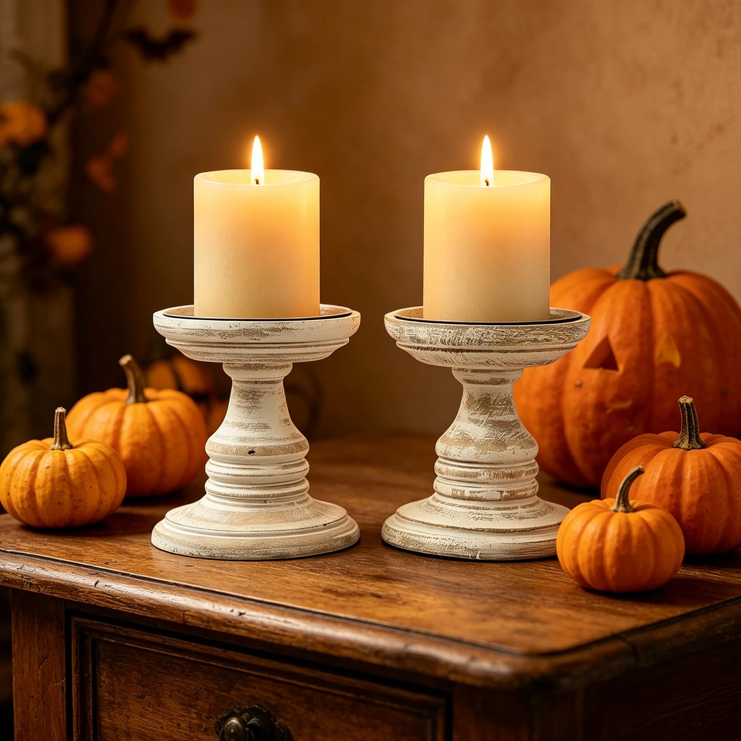 Hosley's Set of 2 White Wood Pillar Holders - 5" High. Ideal Gift for Weddings, Special Occasion, Spa, Aromatherapy Settings, Candle Gardens W1