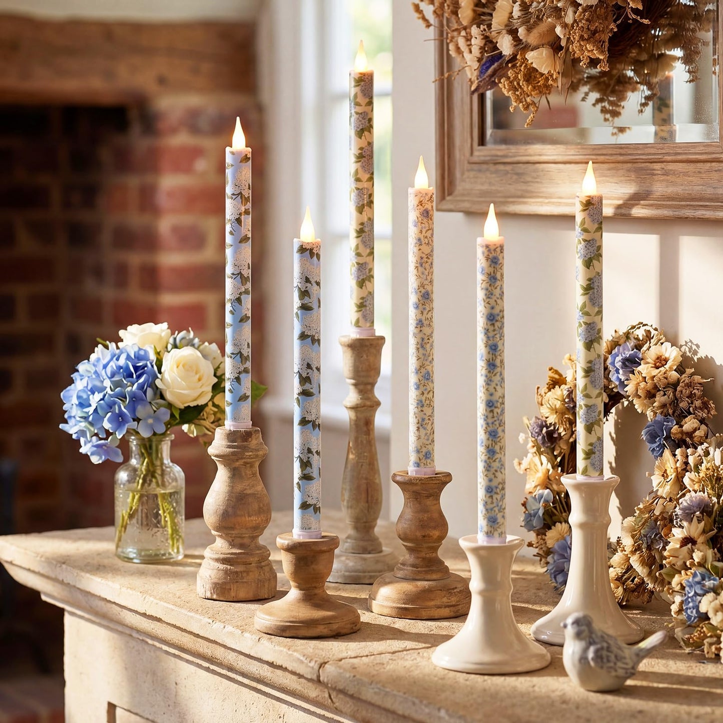Lyrow 6 Pcs Blue Floral Flameless Taper Candles 11 Inch Hydrangea Flameless Candles Real Wax LED Candle Flickering Battery Operated Candlesticks for Wedding Anniversary Summer Gifts