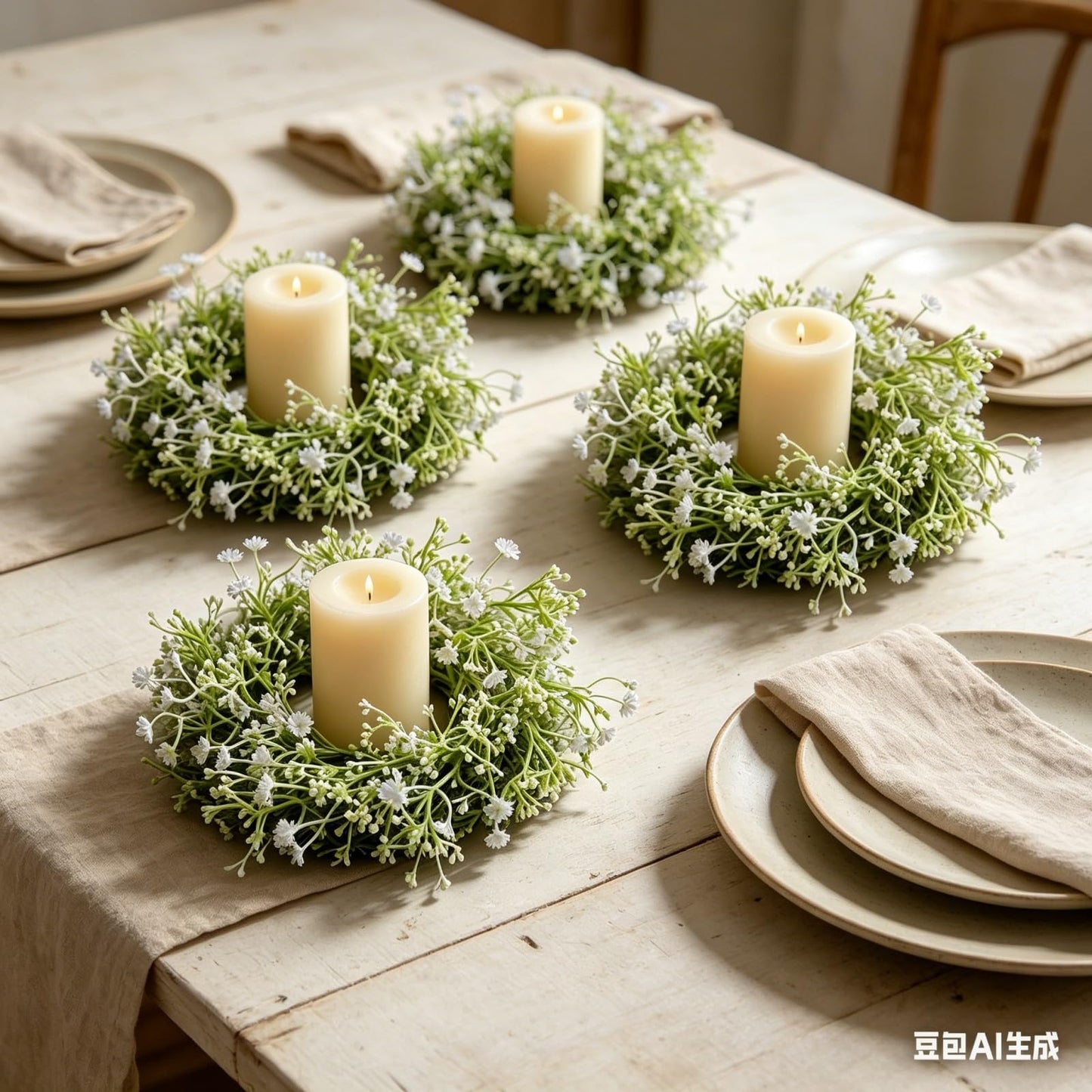 6 Pcs Mini Baby Breath Candle Rings Wreaths Gypsophila Pillar Holder Wreath Artificial Flower Spring Summer Floral Wreath for Wedding Farmhouse Porch Cabinets Table Decoration