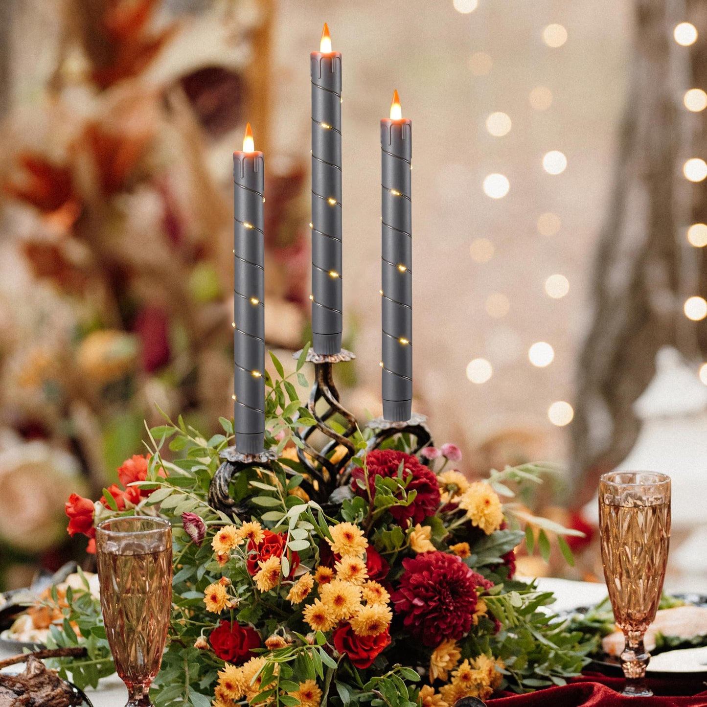 3 Pack Gray Dripping Wax Flameless Candles, Realistic Dynamic Flame LED Taper Candles with Surrounding Fairy String Lights, Remote Control Battery Operated Candles for Home Wedding Holiday Decor