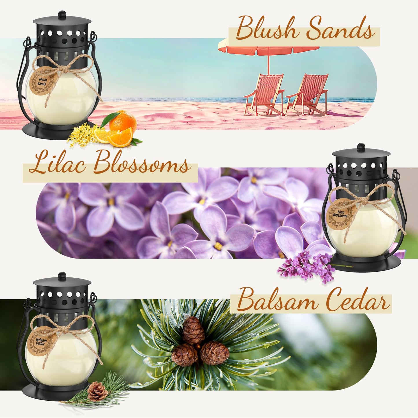 Scented Candles Gift Set - 3 Pack Candles for Home Scented Retro Lantern, Fall Candle Set perfect for Women, Birthday, Yoga, Weddings, Christmas, Soy Wax Candle Blush Sands/Lilac Blossoms/Balsam Cedar