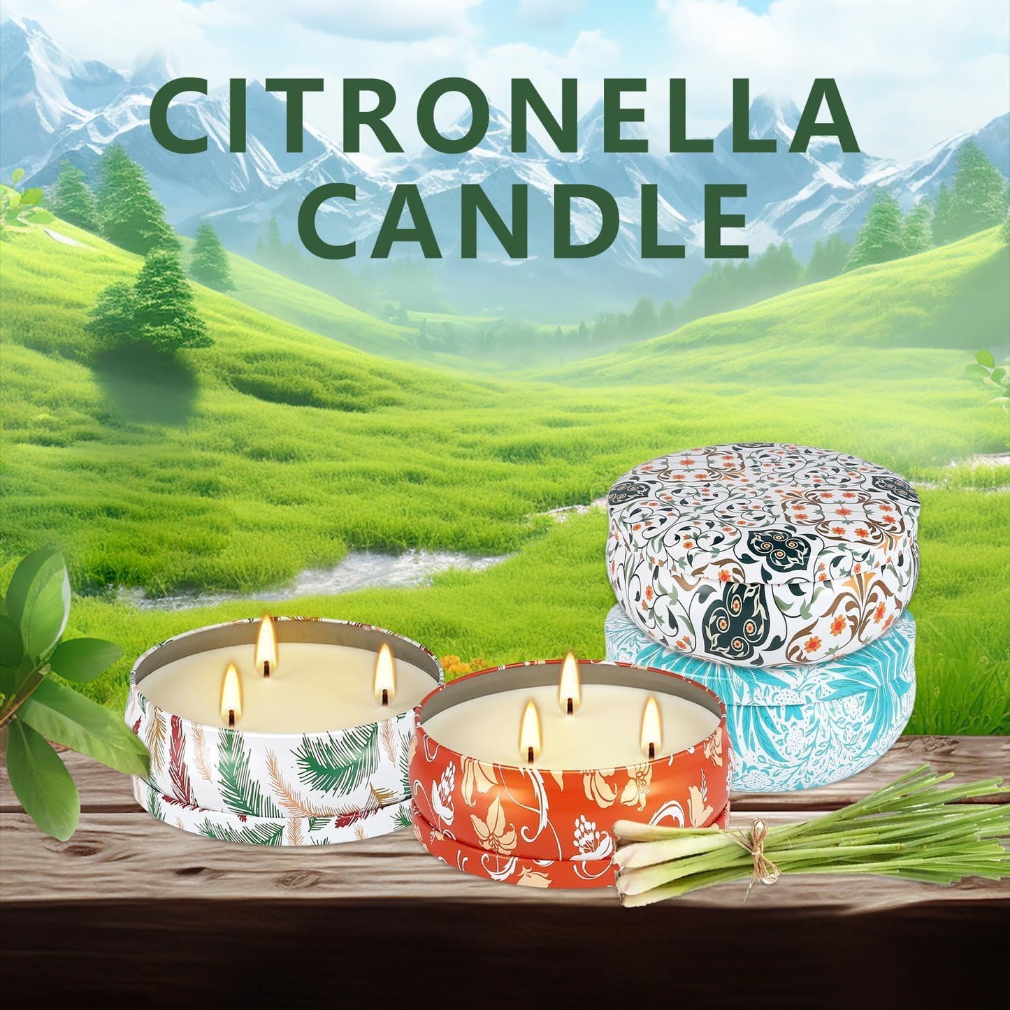 4-Pack Citronella Candle Set in Decorative Tropical Flower Tin Boxes - 3-Wick Functional Decorative Candles for Indoor & Outdoor Use - Perfect for Camping, Travel, BBQ, Picnics, and Mother's Day Gift
