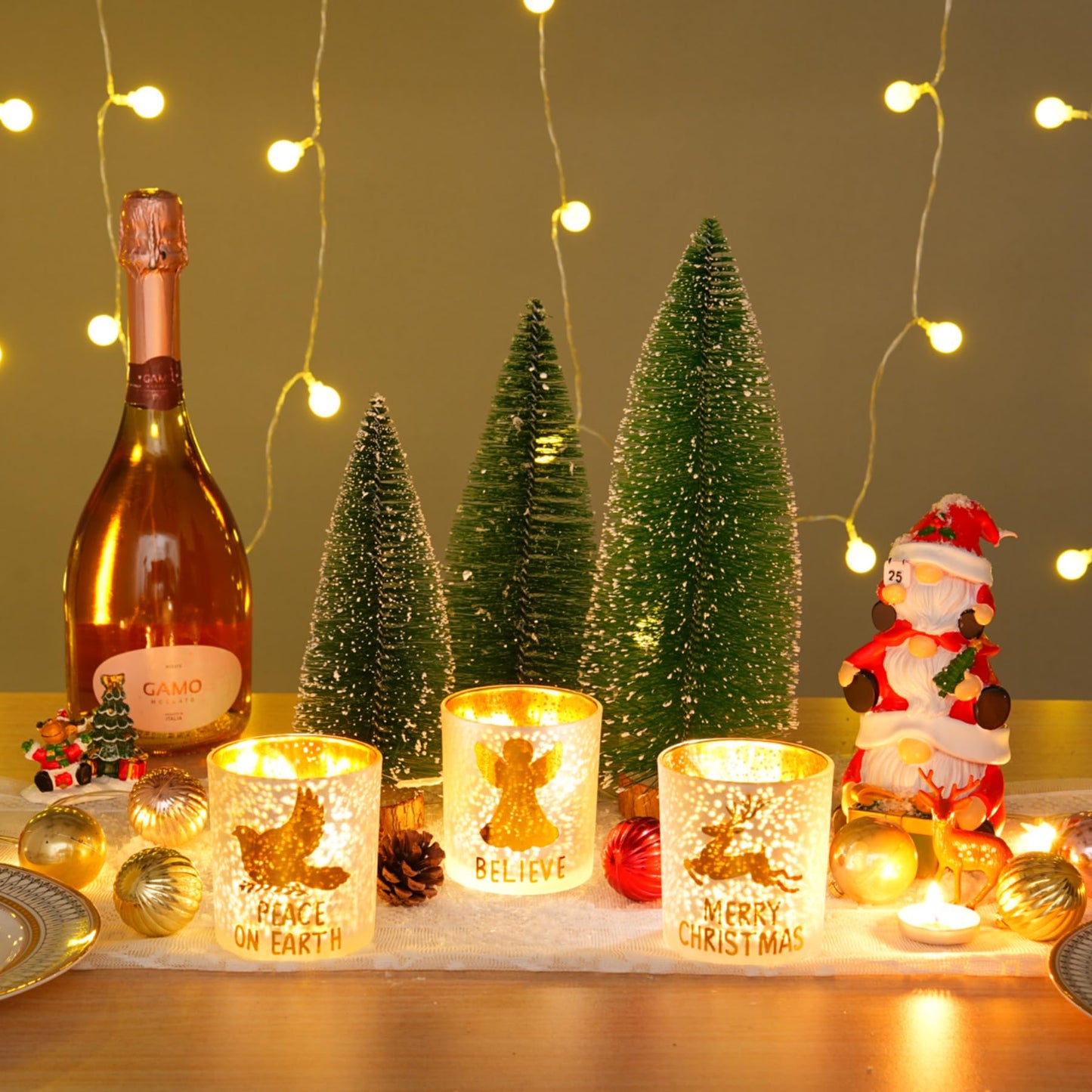 Rancco Votive Candle Holders, Christmas Gold Silver Glass Tea Light Candle Holder Set of 3 with Elk, Angel, Peace Dove, Candle Holder for Christmas Table Centerpieces, Birthday, Home Tea Party Decor